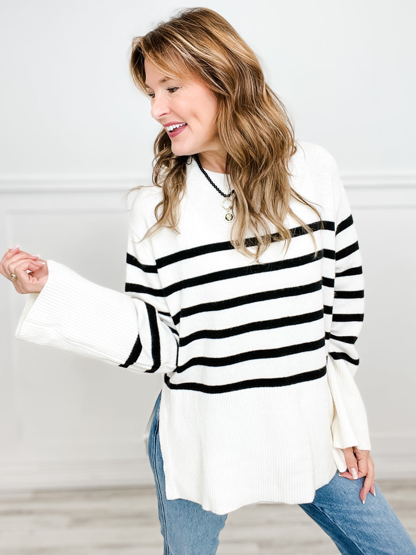 Long Sleeve Ribbed Hem Striped Sweater Top