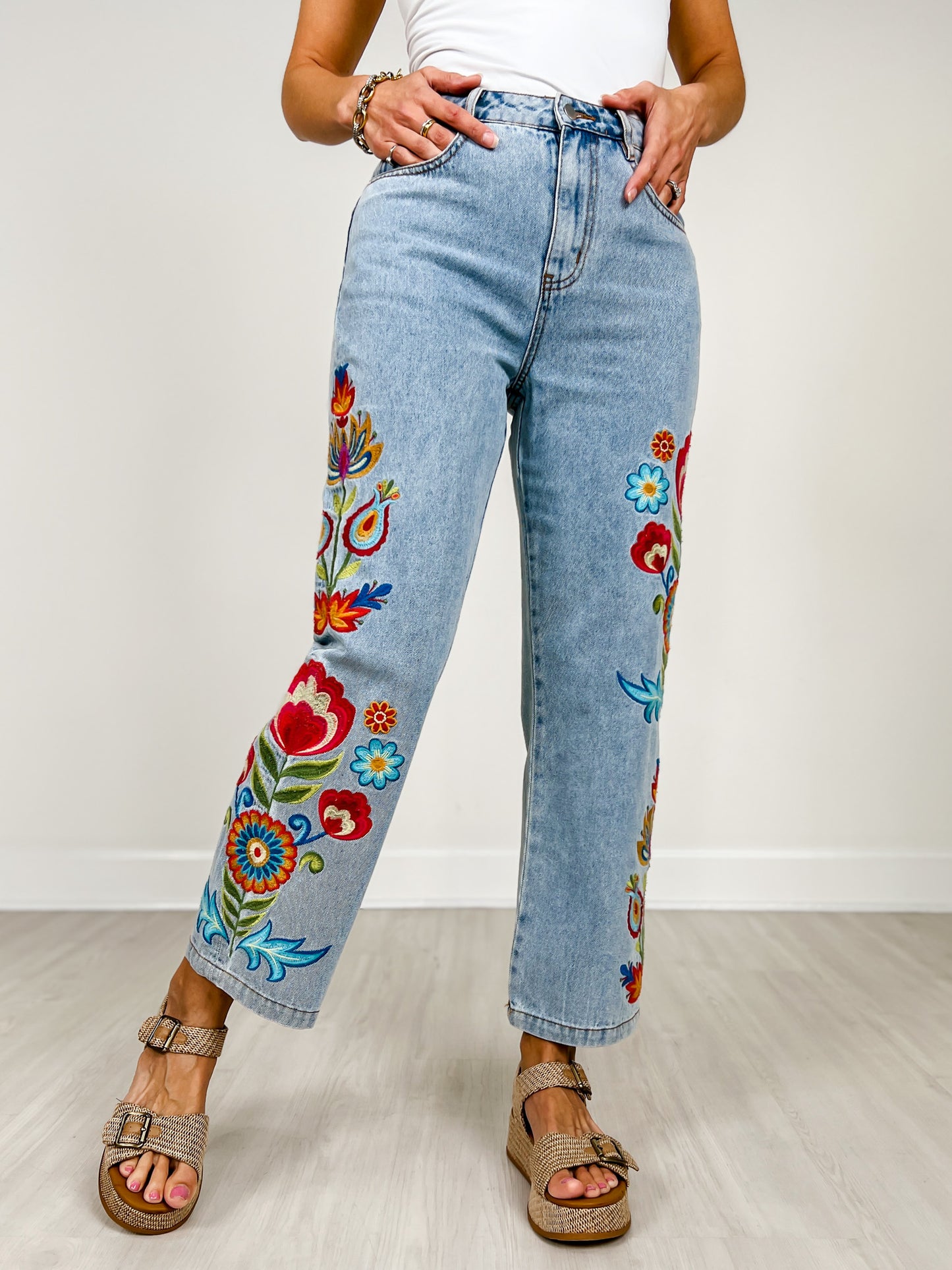 Embroidered Washed Denim Pants