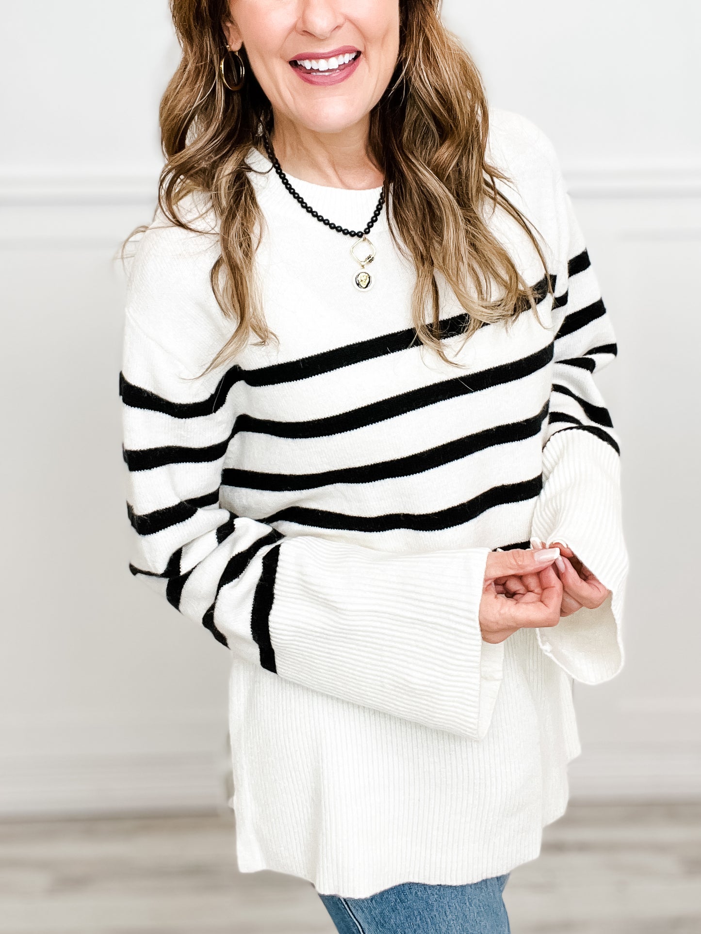 Long Sleeve Ribbed Hem Striped Sweater Top