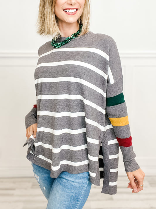 Striped Long Sleeve Side Slit Knitted Sweater