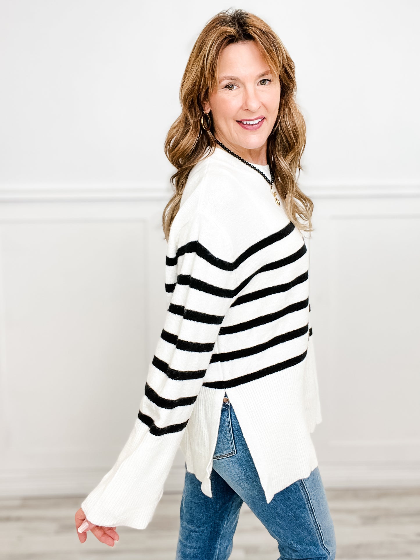 Long Sleeve Ribbed Hem Striped Sweater Top