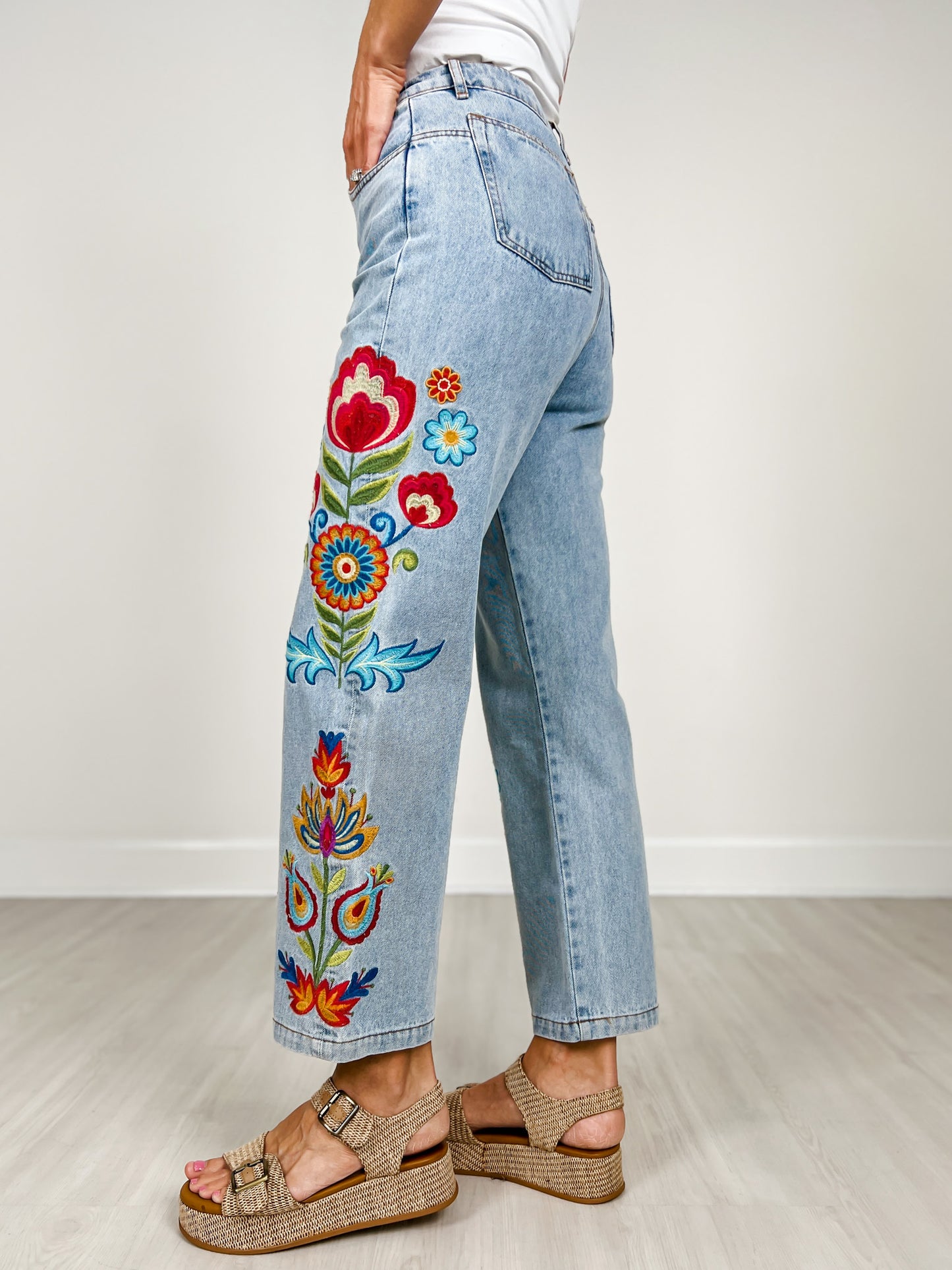 Embroidered Washed Denim Pants