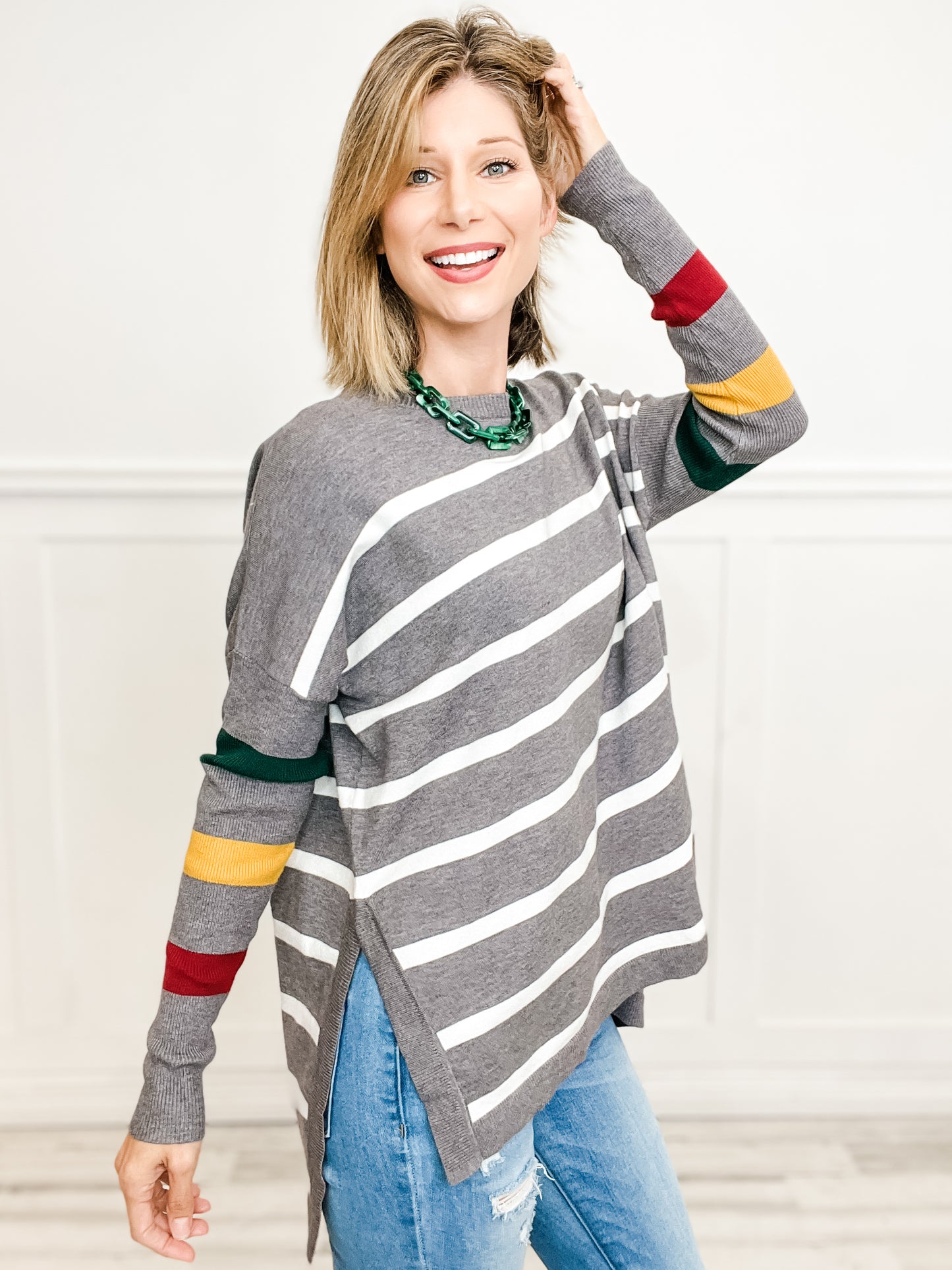 Striped Long Sleeve Side Slit Knitted Sweater