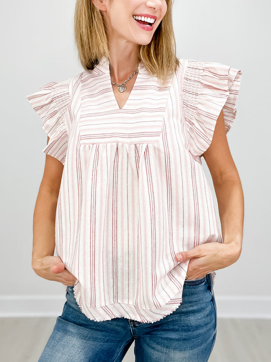 Ruffled Sleeve Striped V-Neck Baby Doll Top