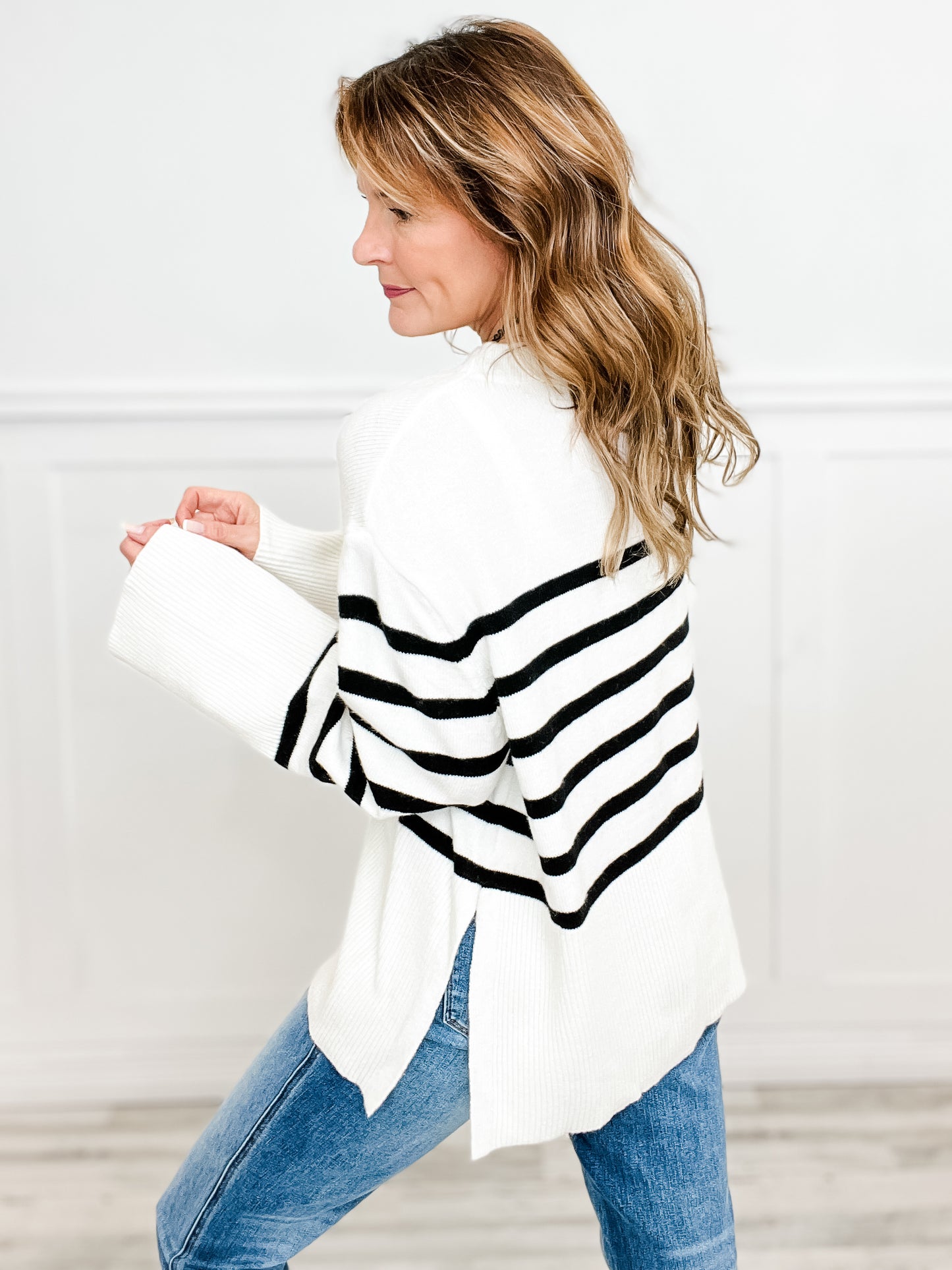 Long Sleeve Ribbed Hem Striped Sweater Top