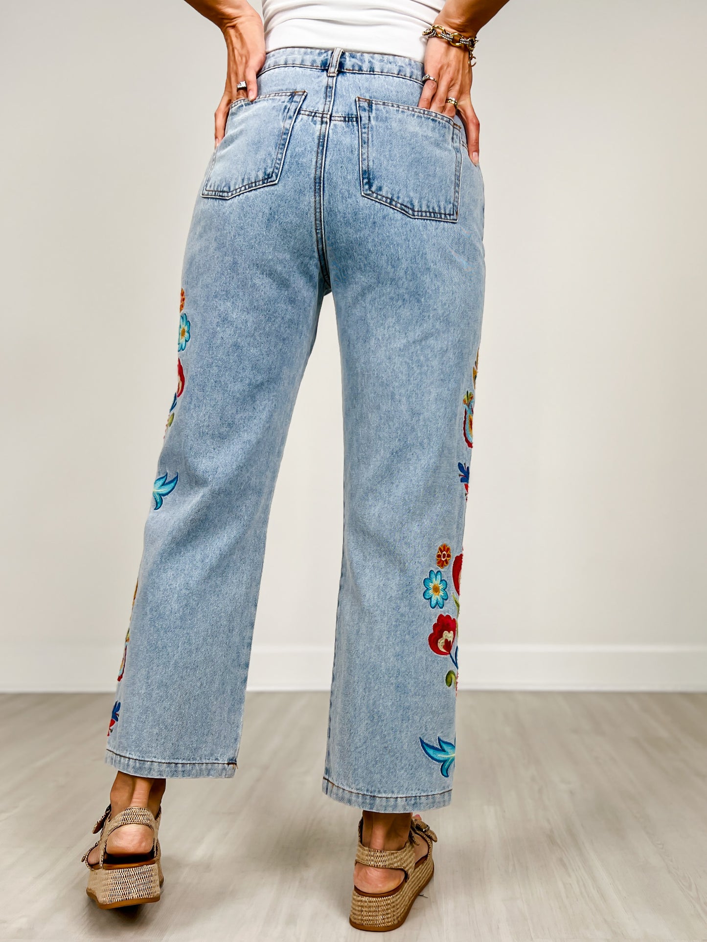 Embroidered Washed Denim Pants