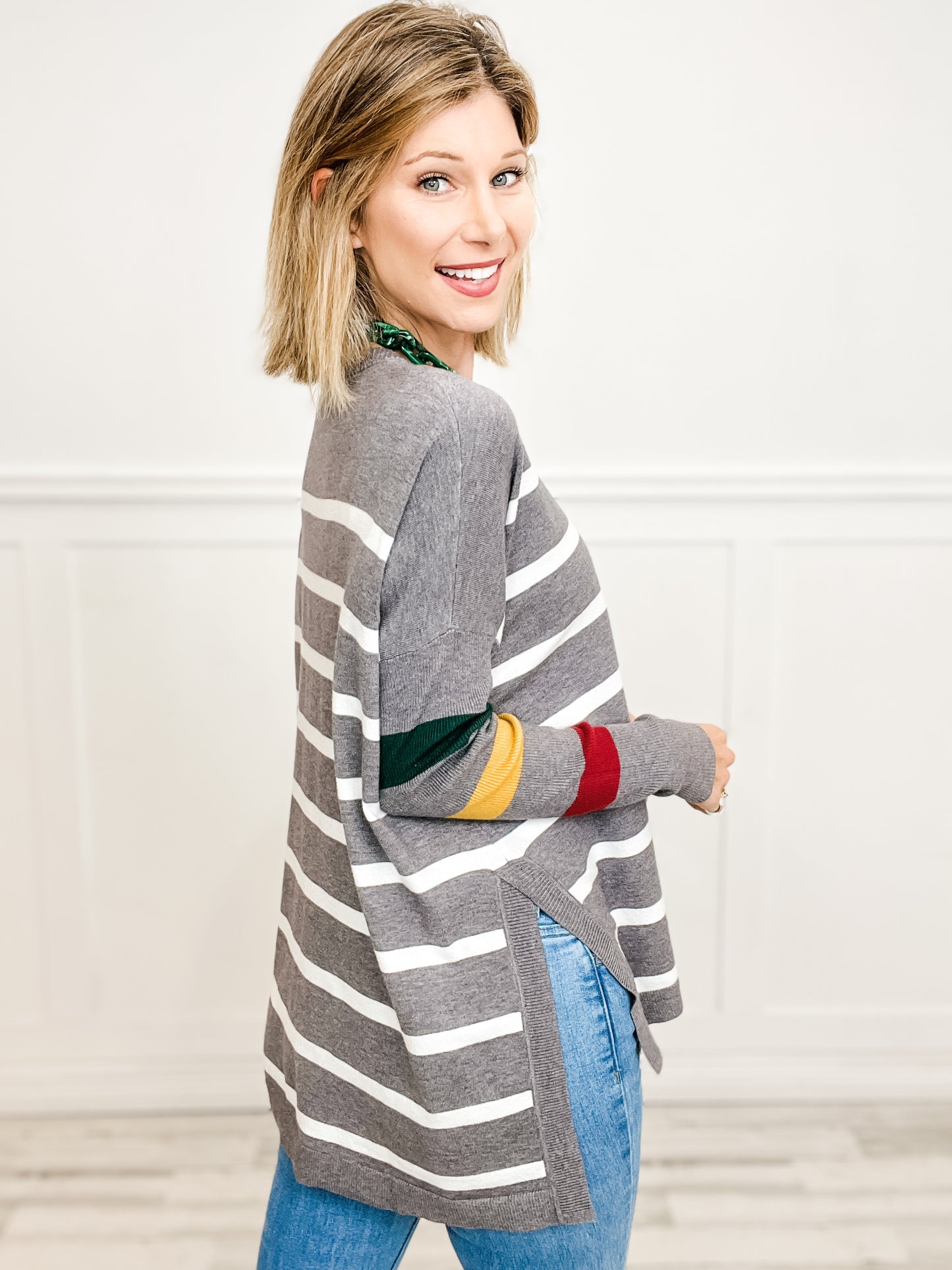 Striped Long Sleeve Side Slit Knitted Sweater