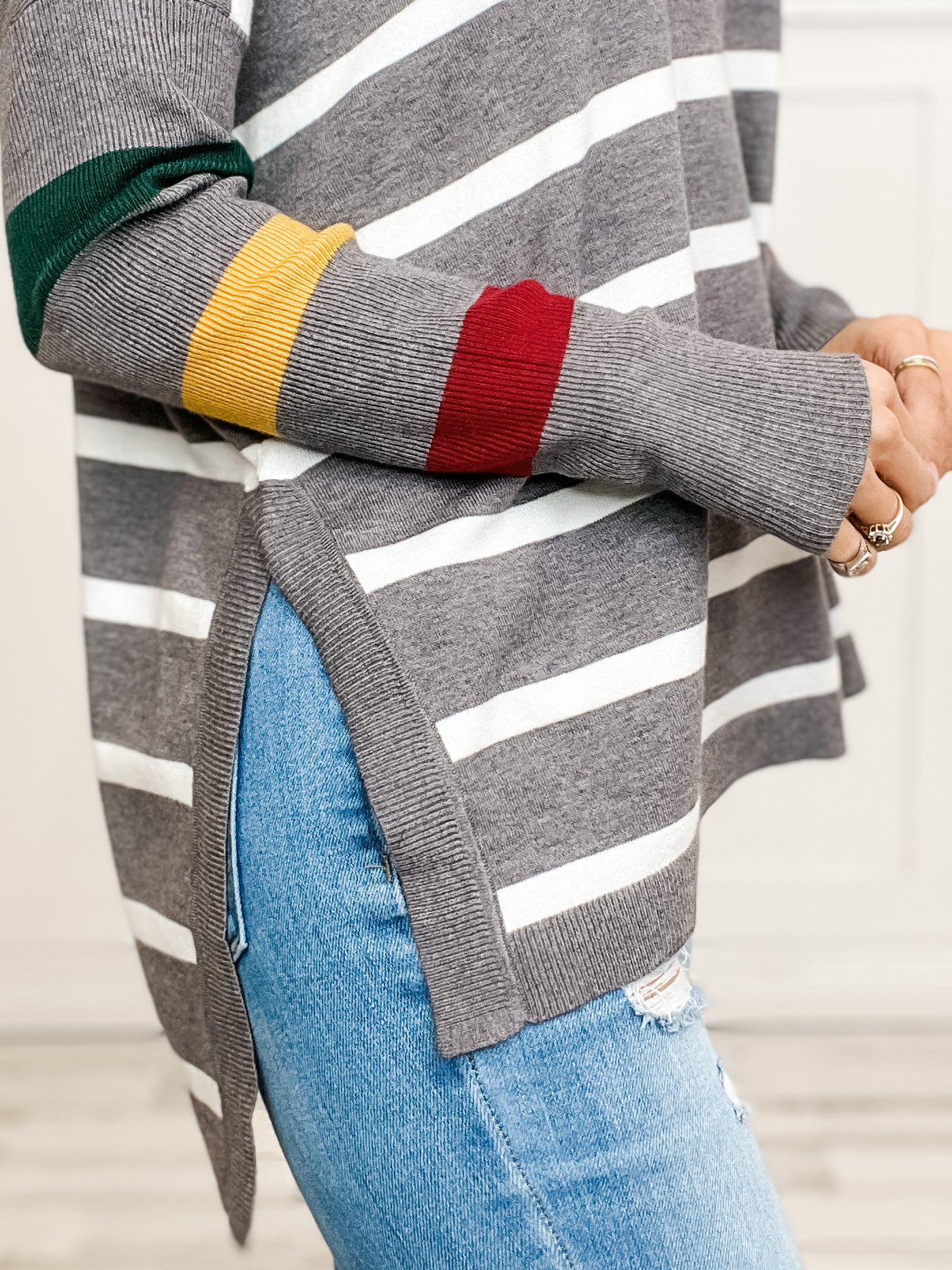 Striped Long Sleeve Side Slit Knitted Sweater