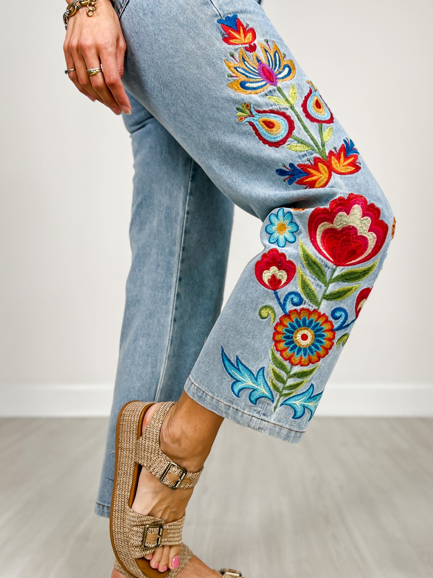 Embroidered Washed Denim Pants
