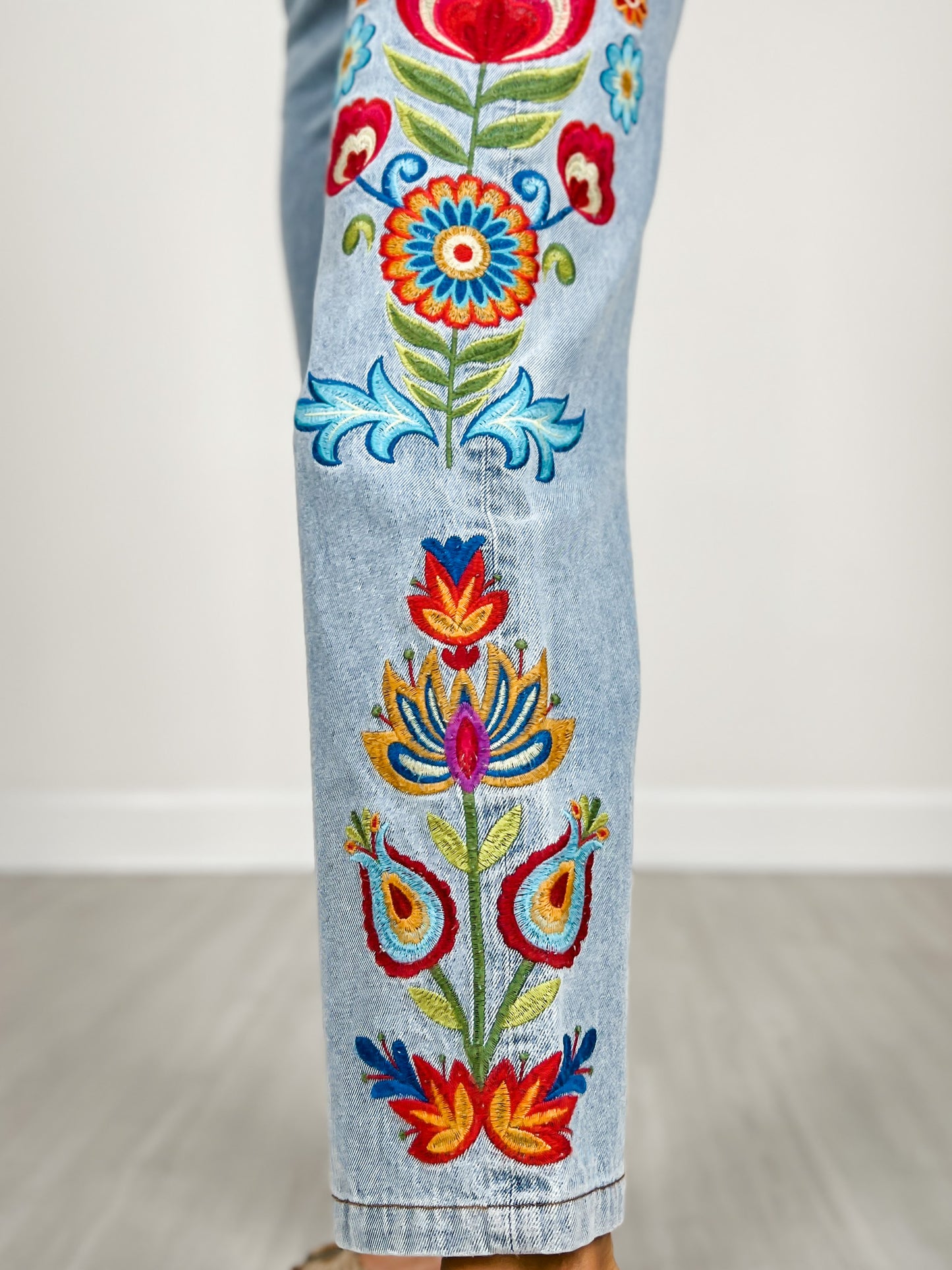 Embroidered Washed Denim Pants