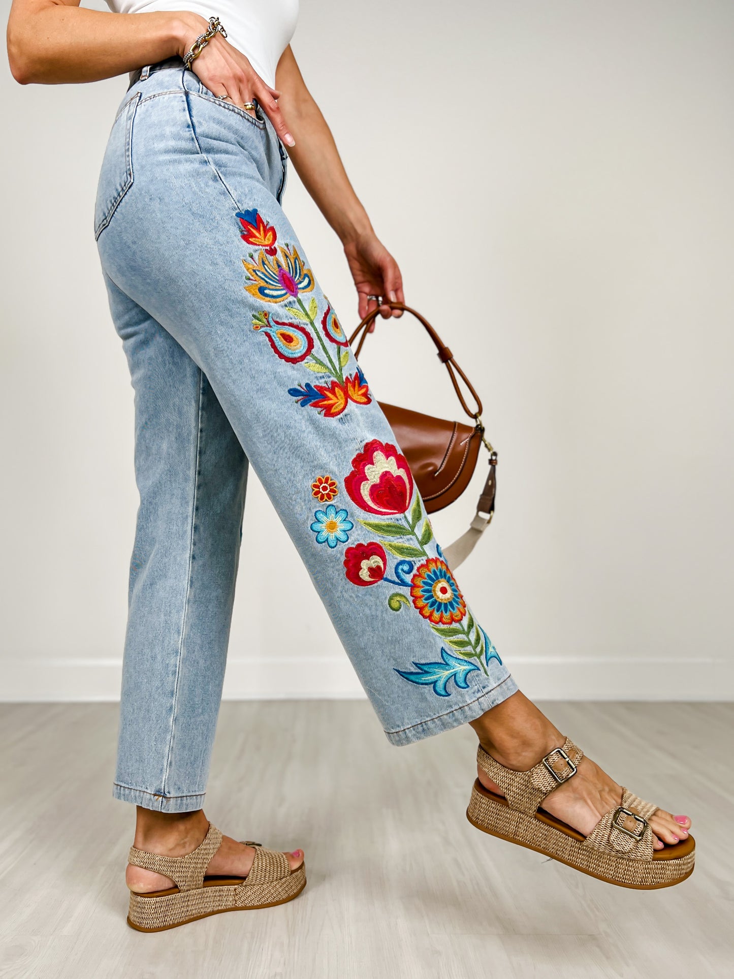 Embroidered Washed Denim Pants