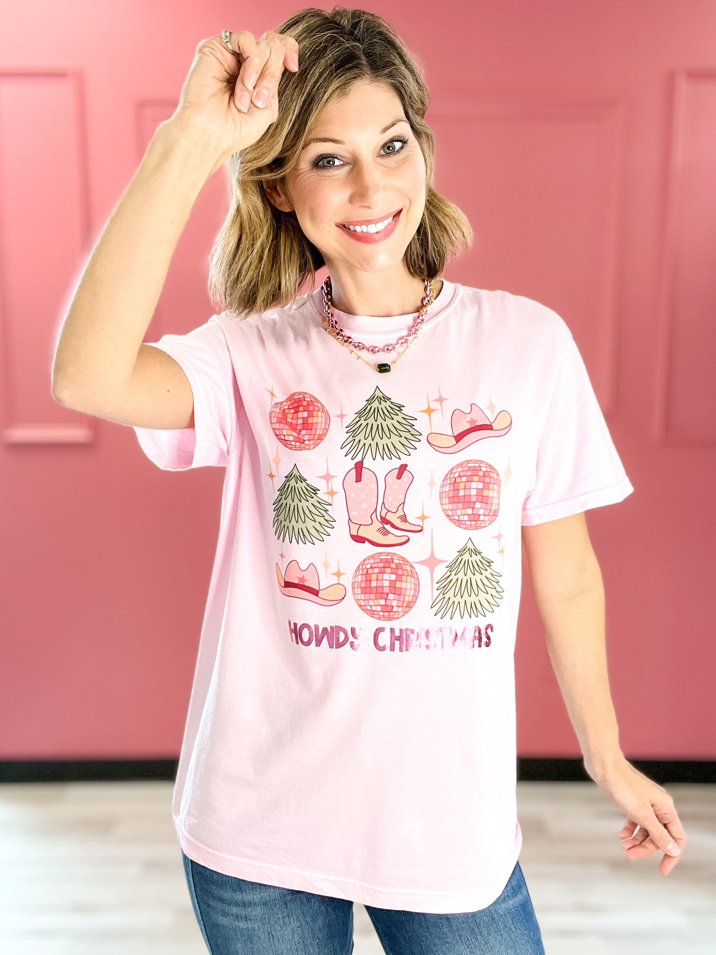 Howdy Christmas Pink Foil Graphic Tee