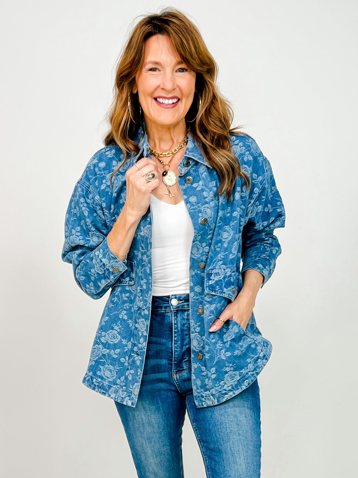 Metallic Chintz Ice Wash Denim Button Down Shacket