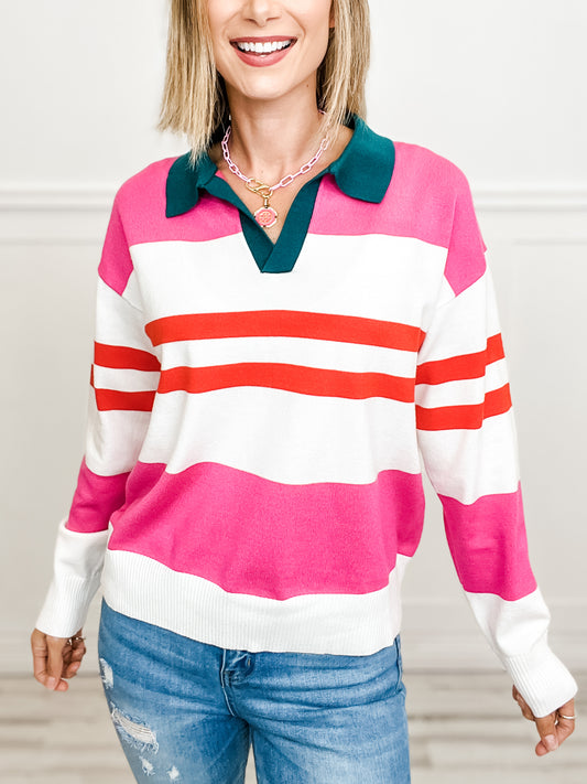 Multi-Color Striped Long Sleeve Collared Sweater Top