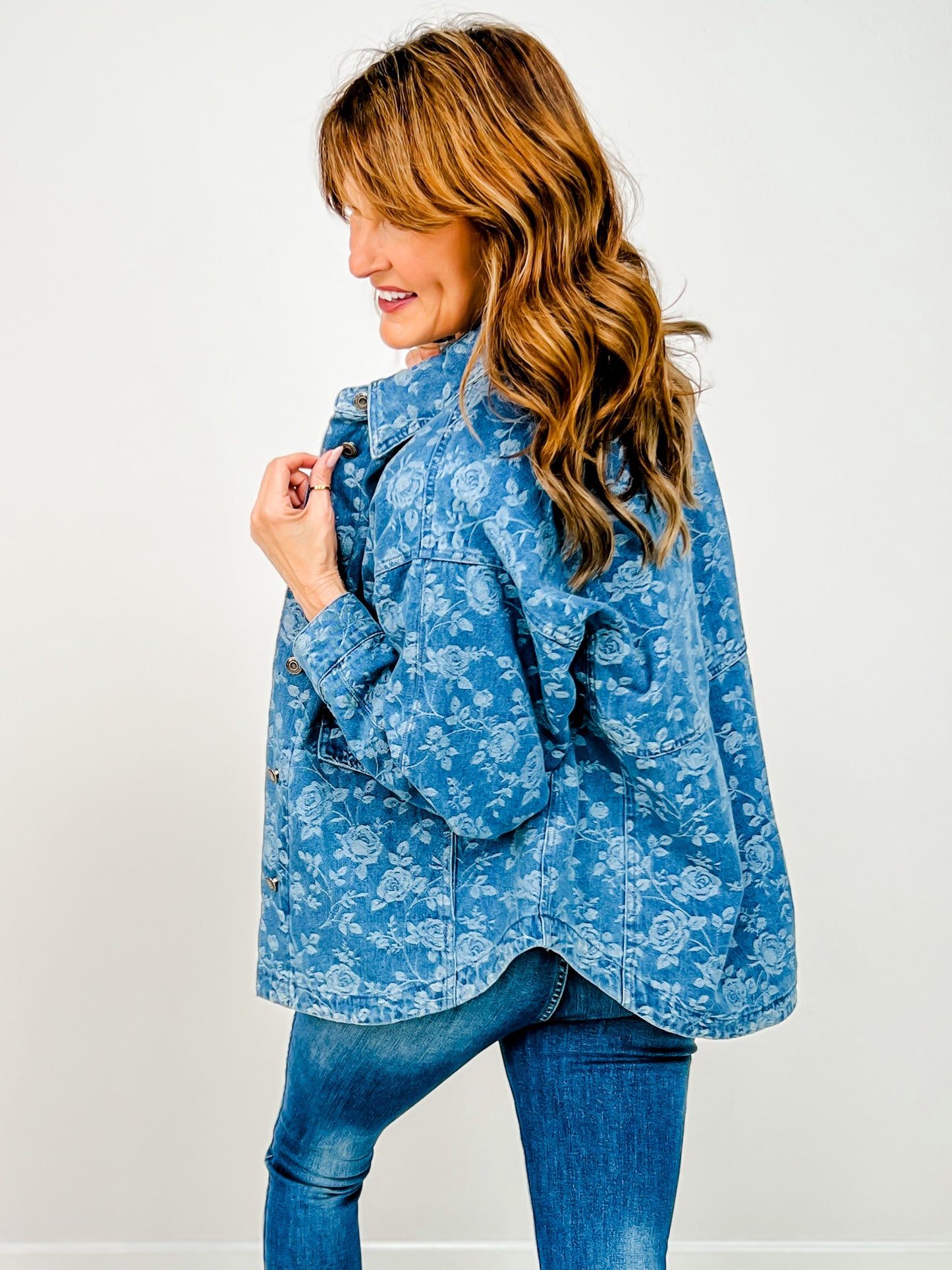 Metallic Chintz Ice Wash Denim Button Down Shacket