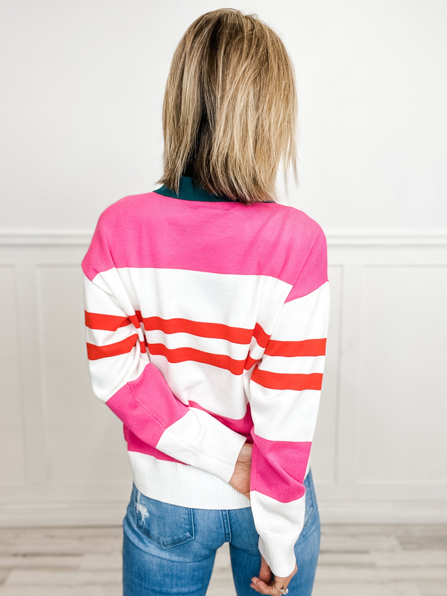 Multi-Color Striped Long Sleeve Collared Sweater Top