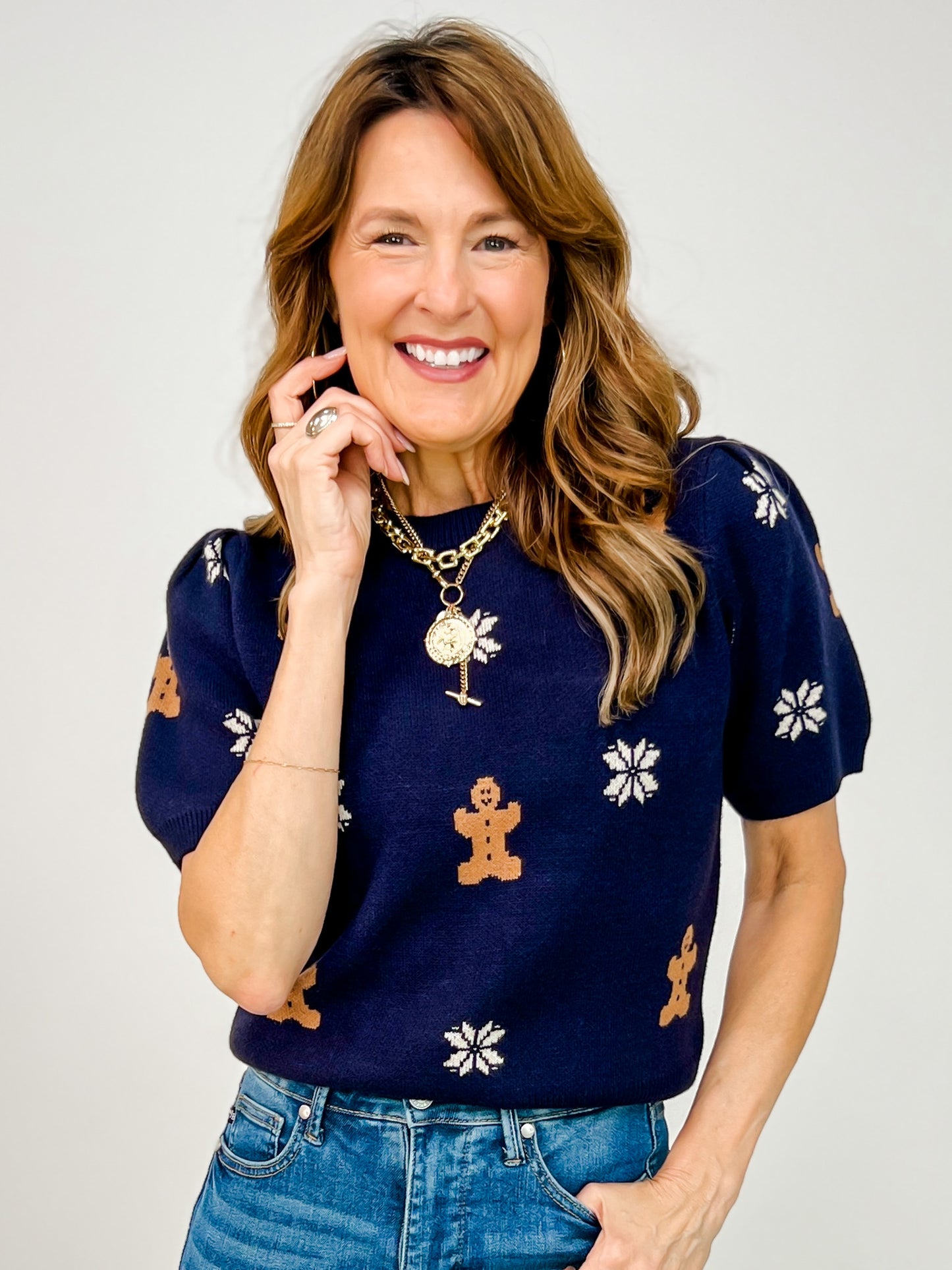 Short Puff Sleeve Gingerbread Pattern Sweater