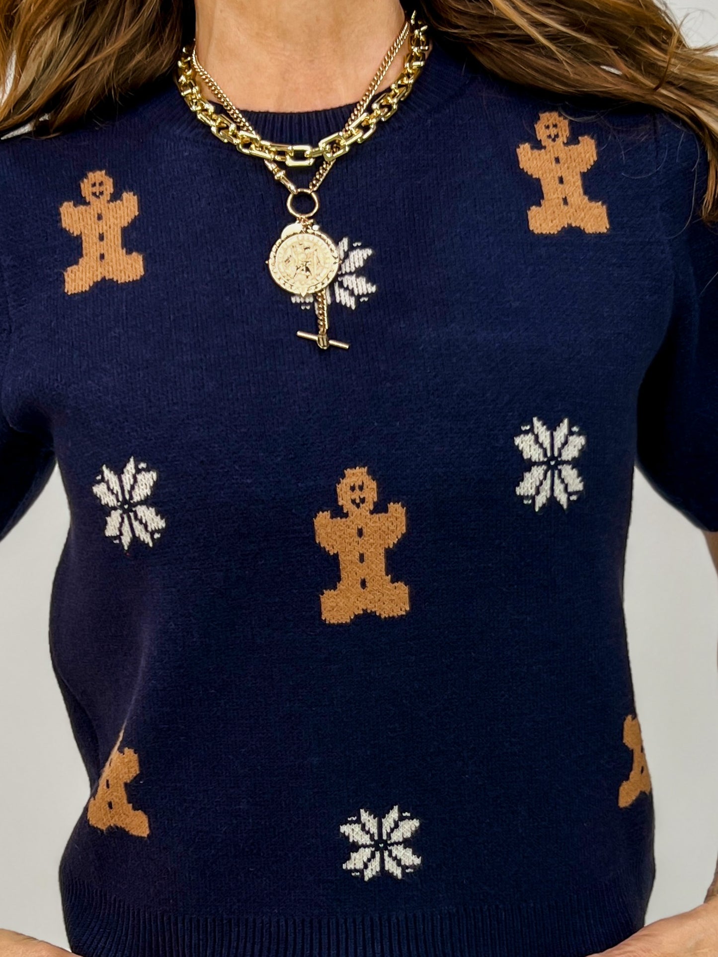 Short Puff Sleeve Gingerbread Pattern Sweater