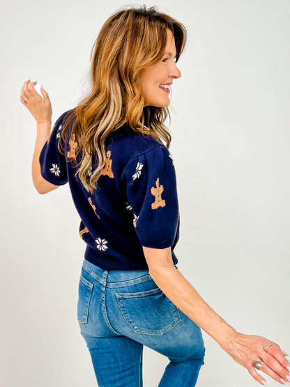 Short Puff Sleeve Gingerbread Pattern Sweater