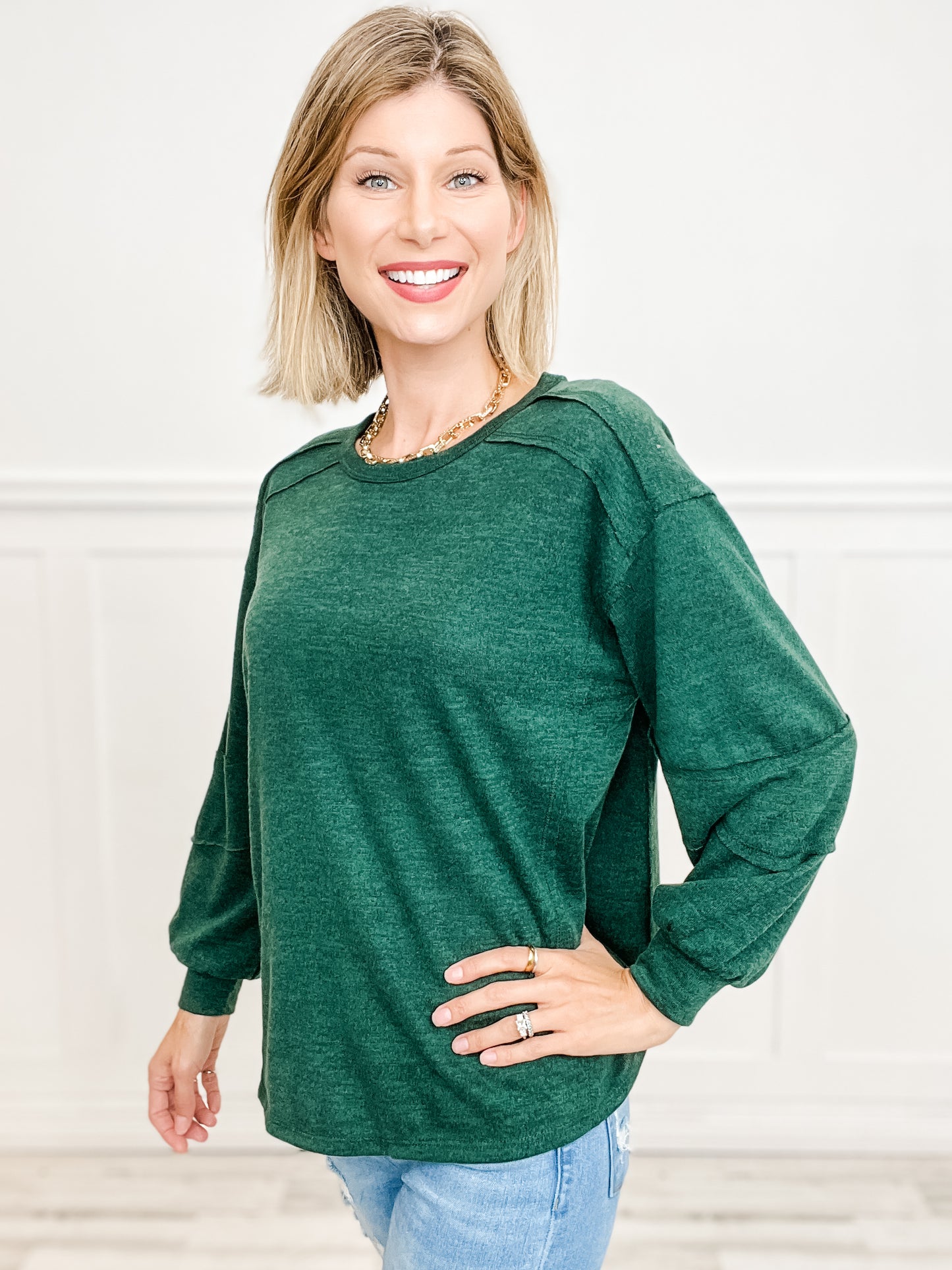 Two Tone Hacci Top with Rounded Neckline and Banded Sleeves - Group A