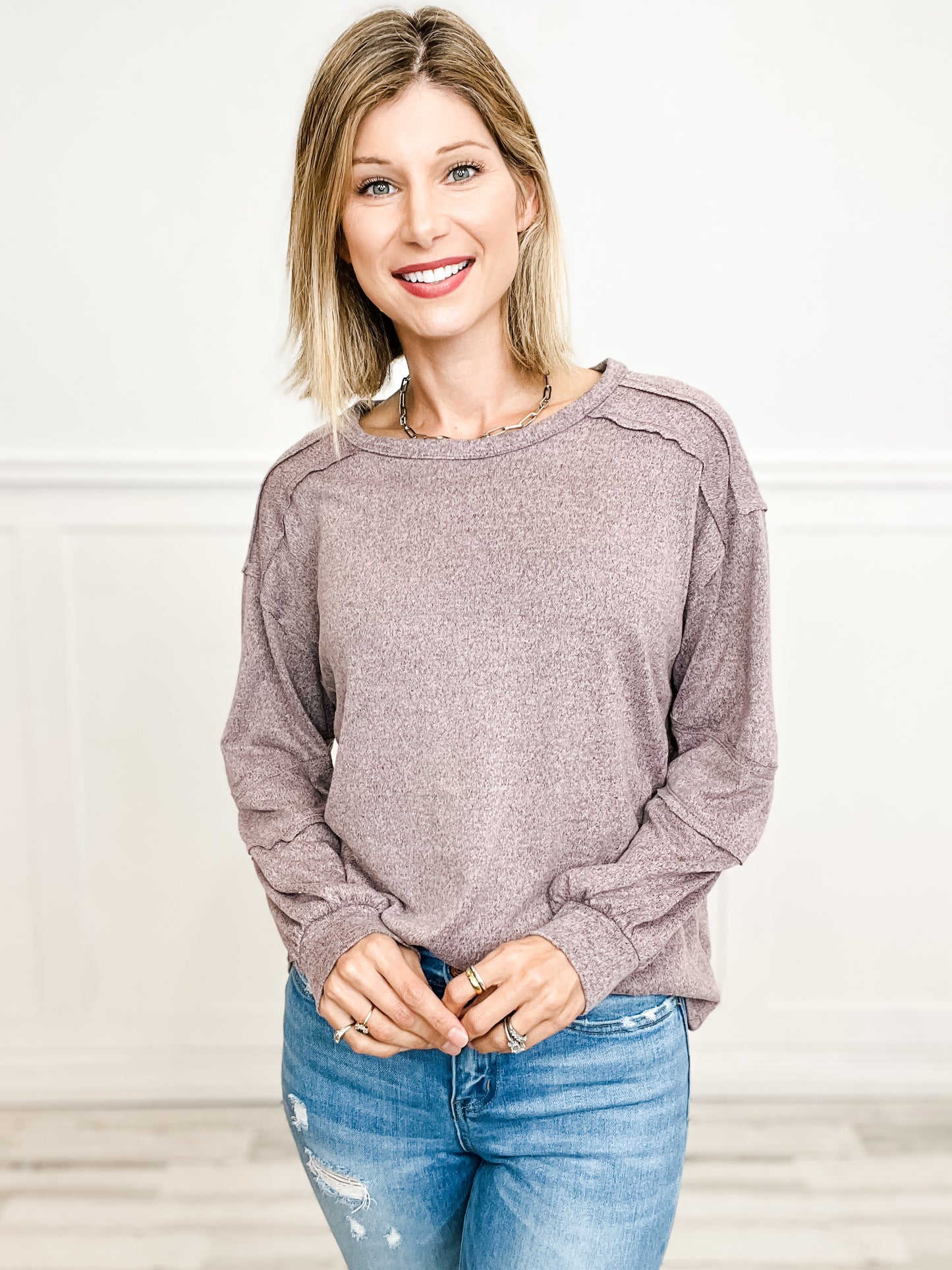 Two Tone Hacci Top with Rounded Neckline and Banded Sleeves - Group A