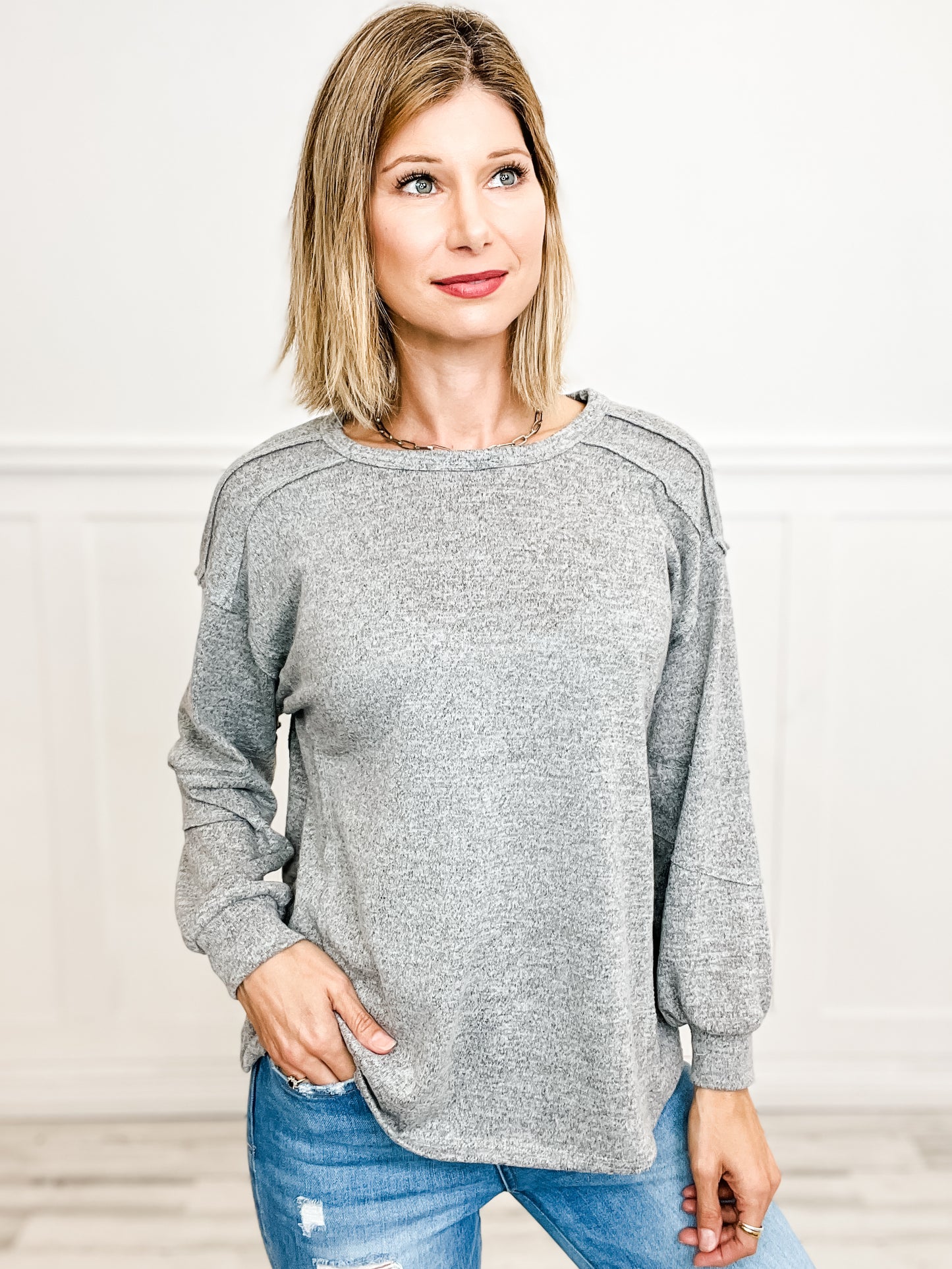 Two Tone Hacci Top with Rounded Neckline and Banded Sleeves - Group A