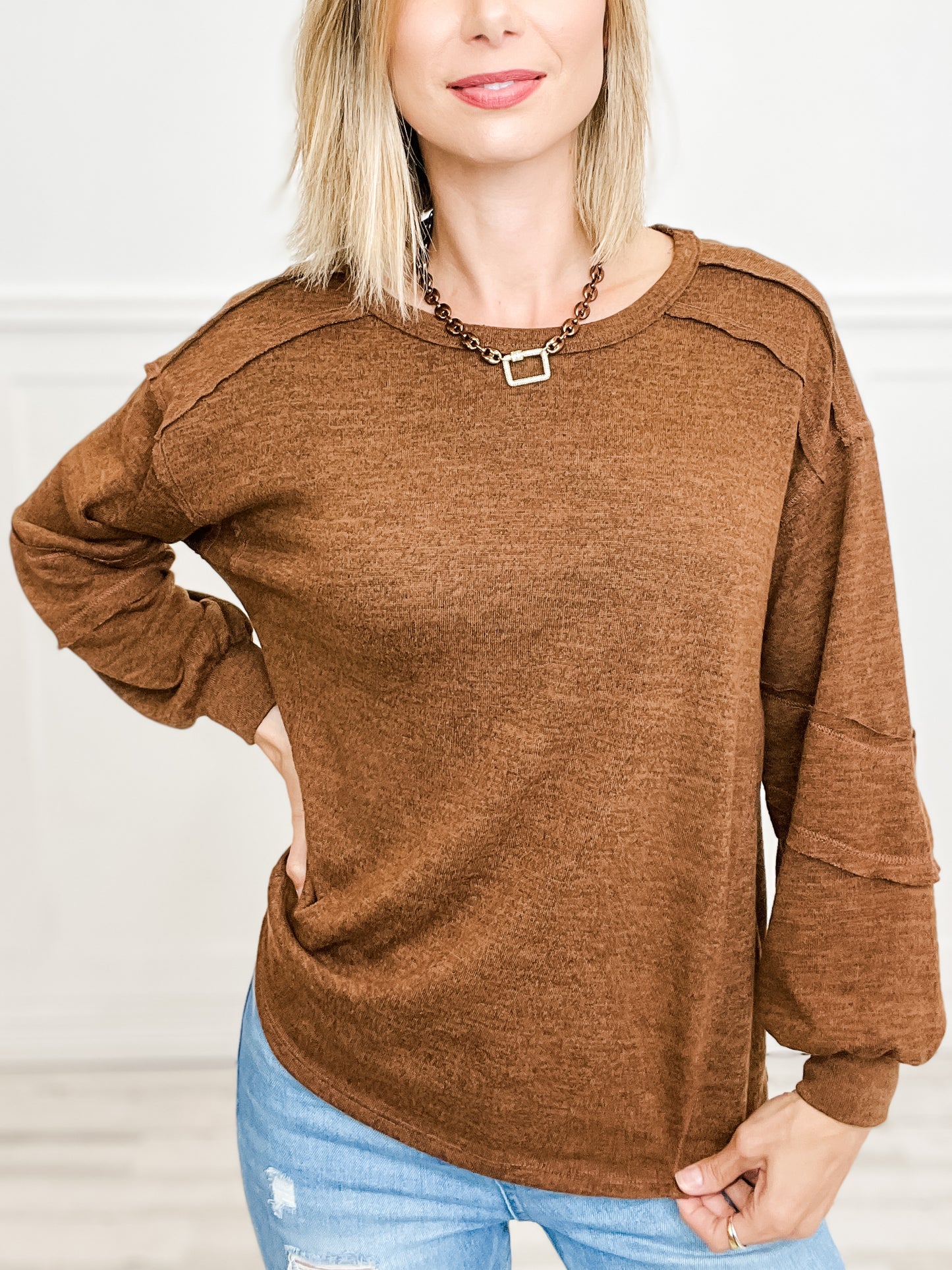 Two Tone Hacci Top with Rounded Neckline and Banded Sleeves - Group B