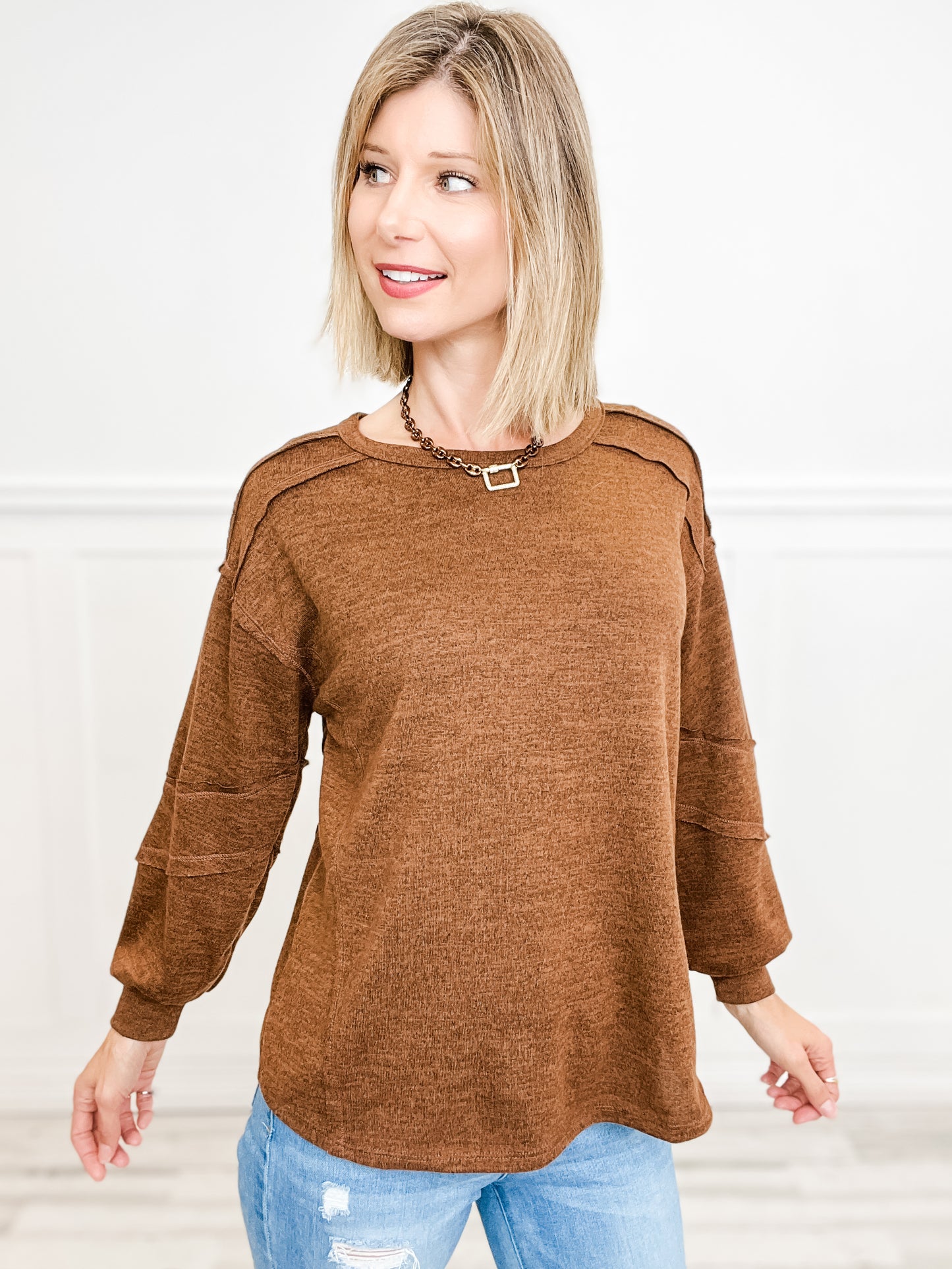 Two Tone Hacci Top with Rounded Neckline and Banded Sleeves - Group B