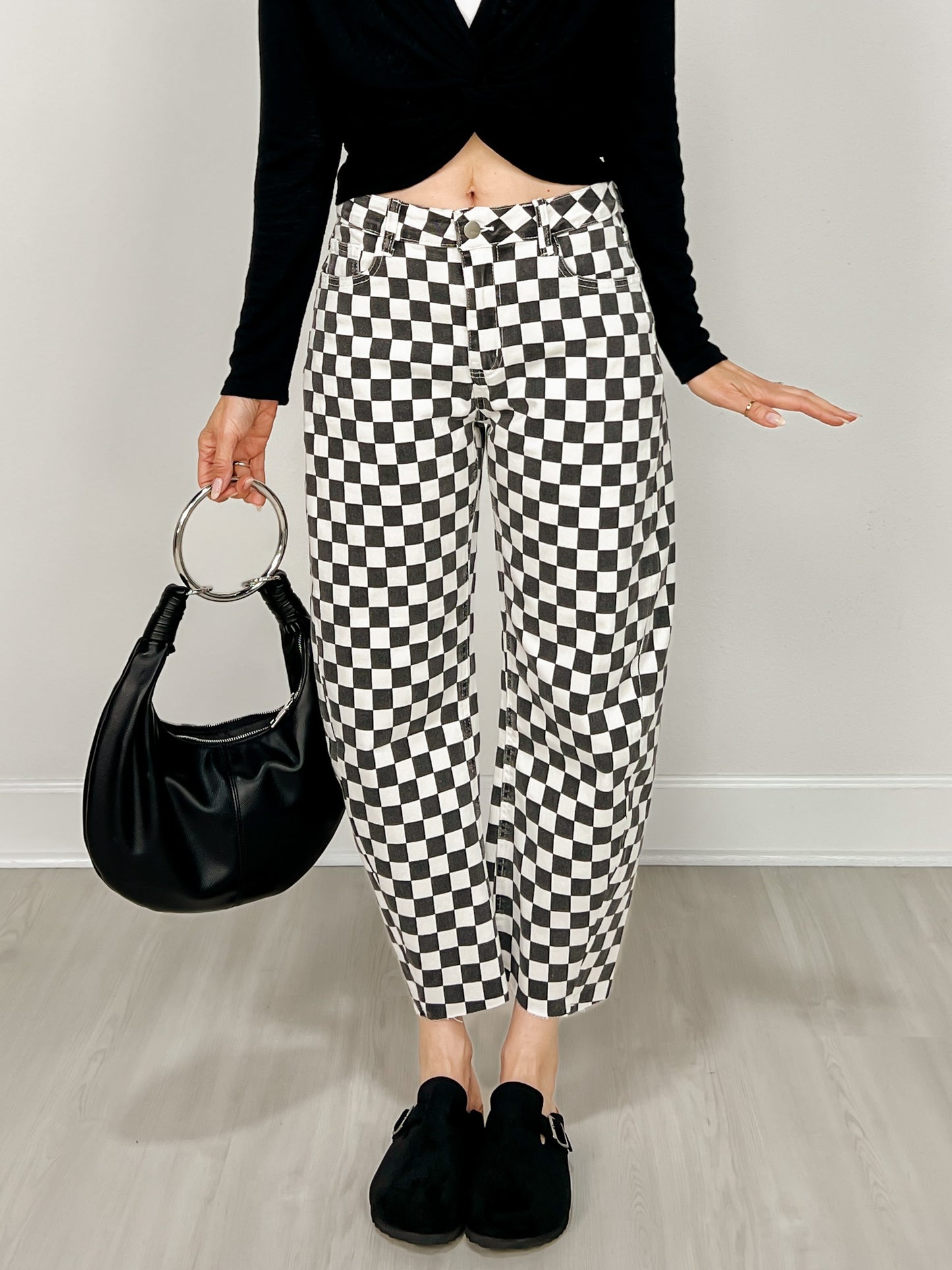 Finish Line Black and White Checkered Barrel Pants
