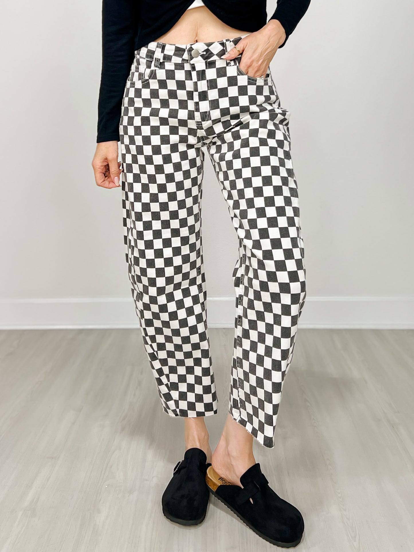 Finish Line Black and White Checkered Barrel Pants