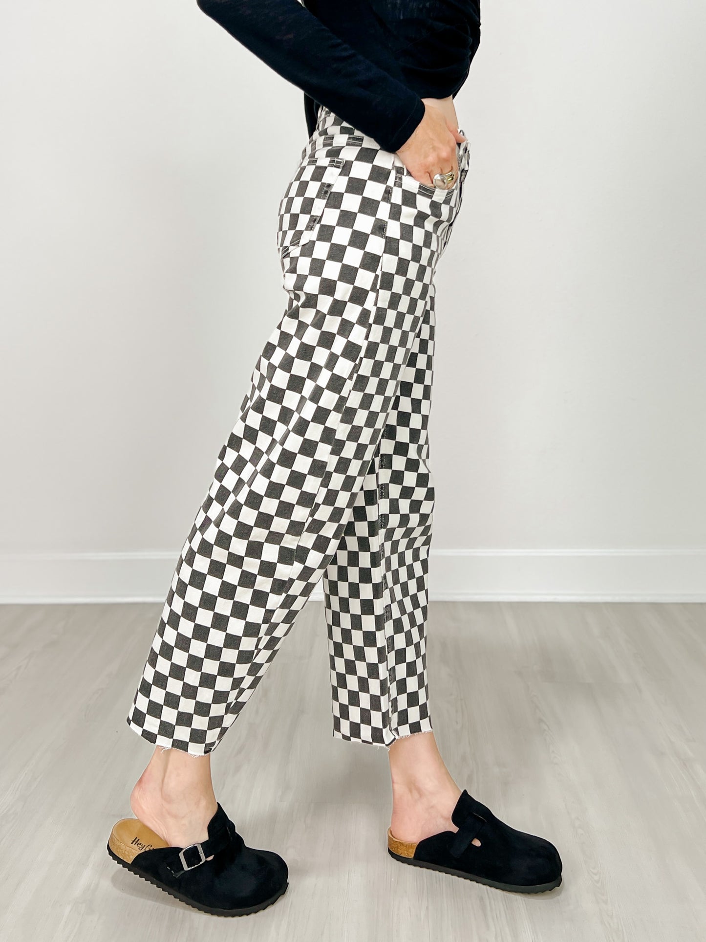 Finish Line Black and White Checkered Barrel Pants