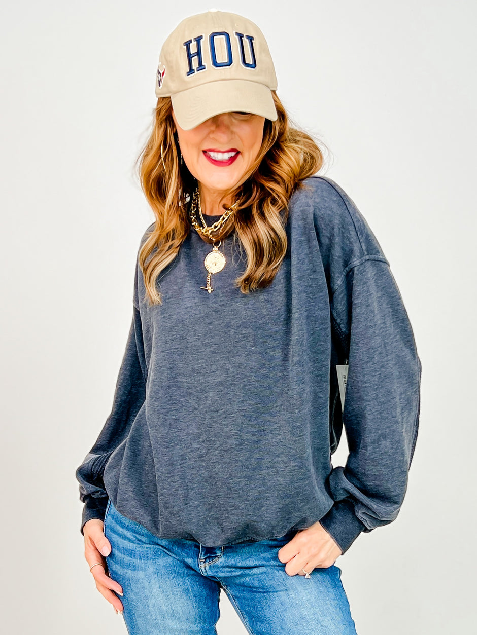 Mineral Washed Mixed Texture Pullover in Black