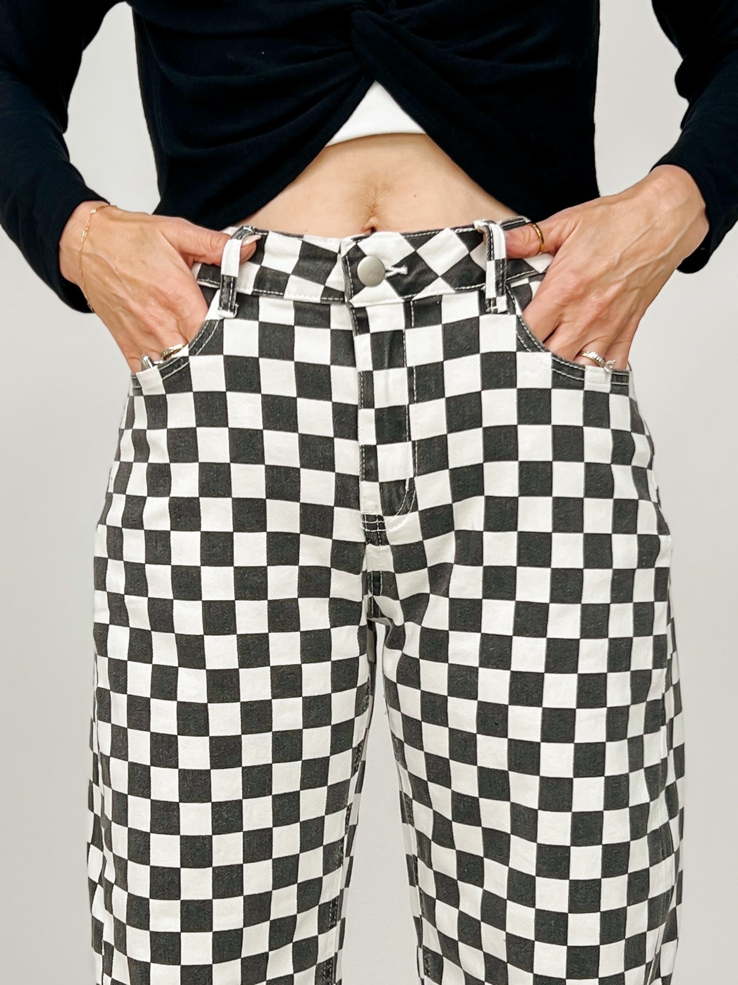 Finish Line Black and White Checkered Barrel Pants