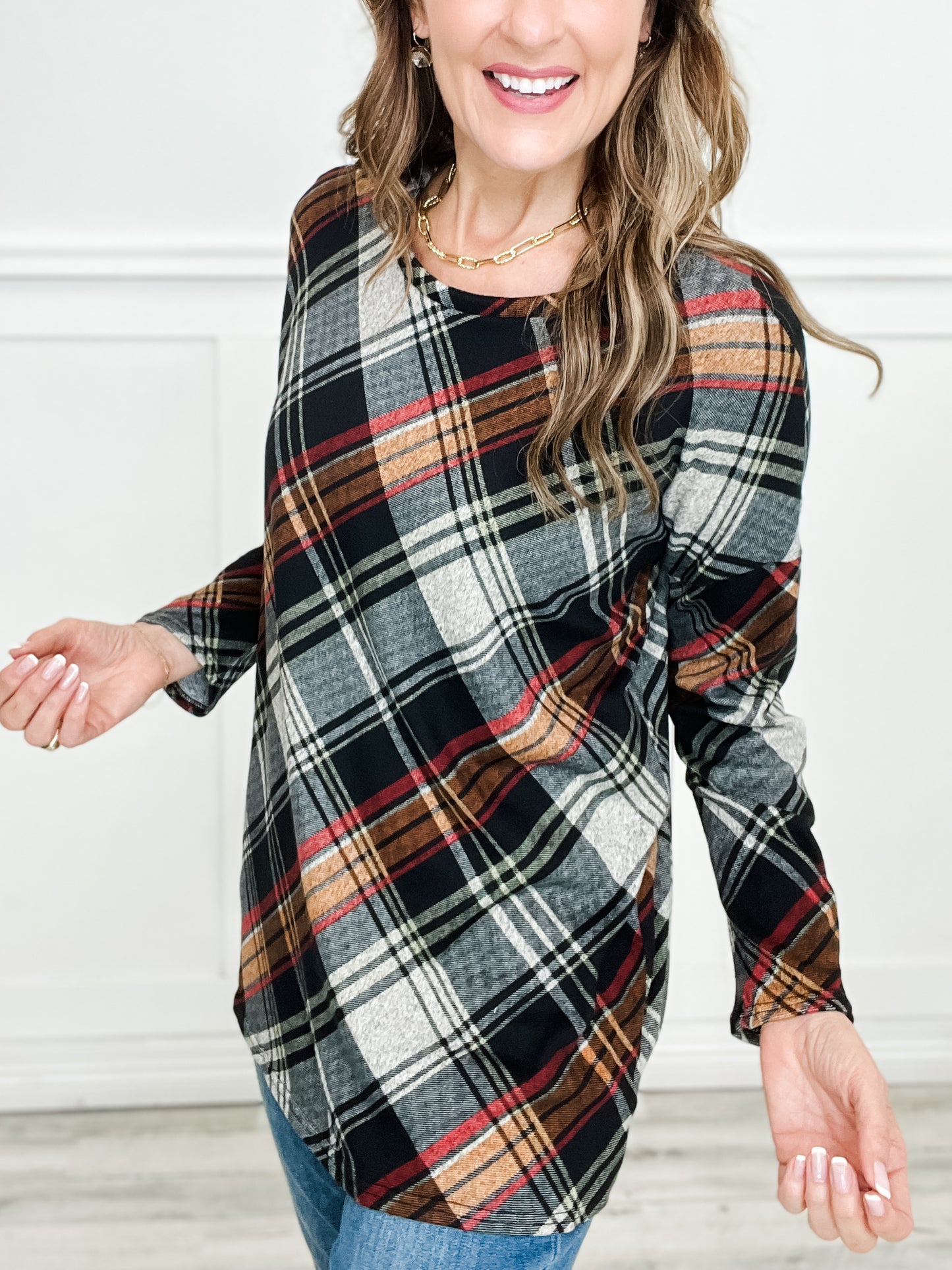 Plaid Long Sleeve Knit Top