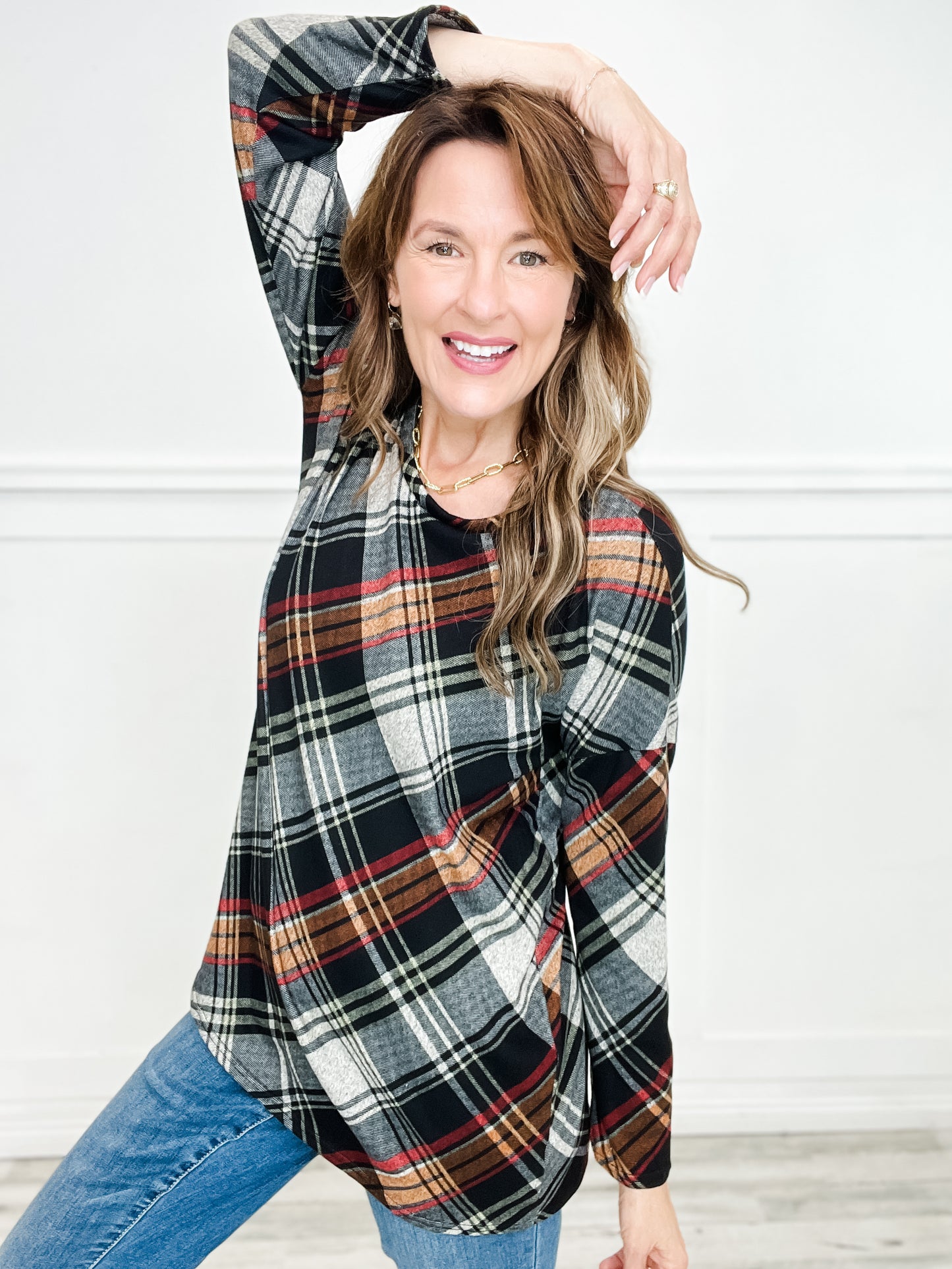 Plaid Long Sleeve Knit Top