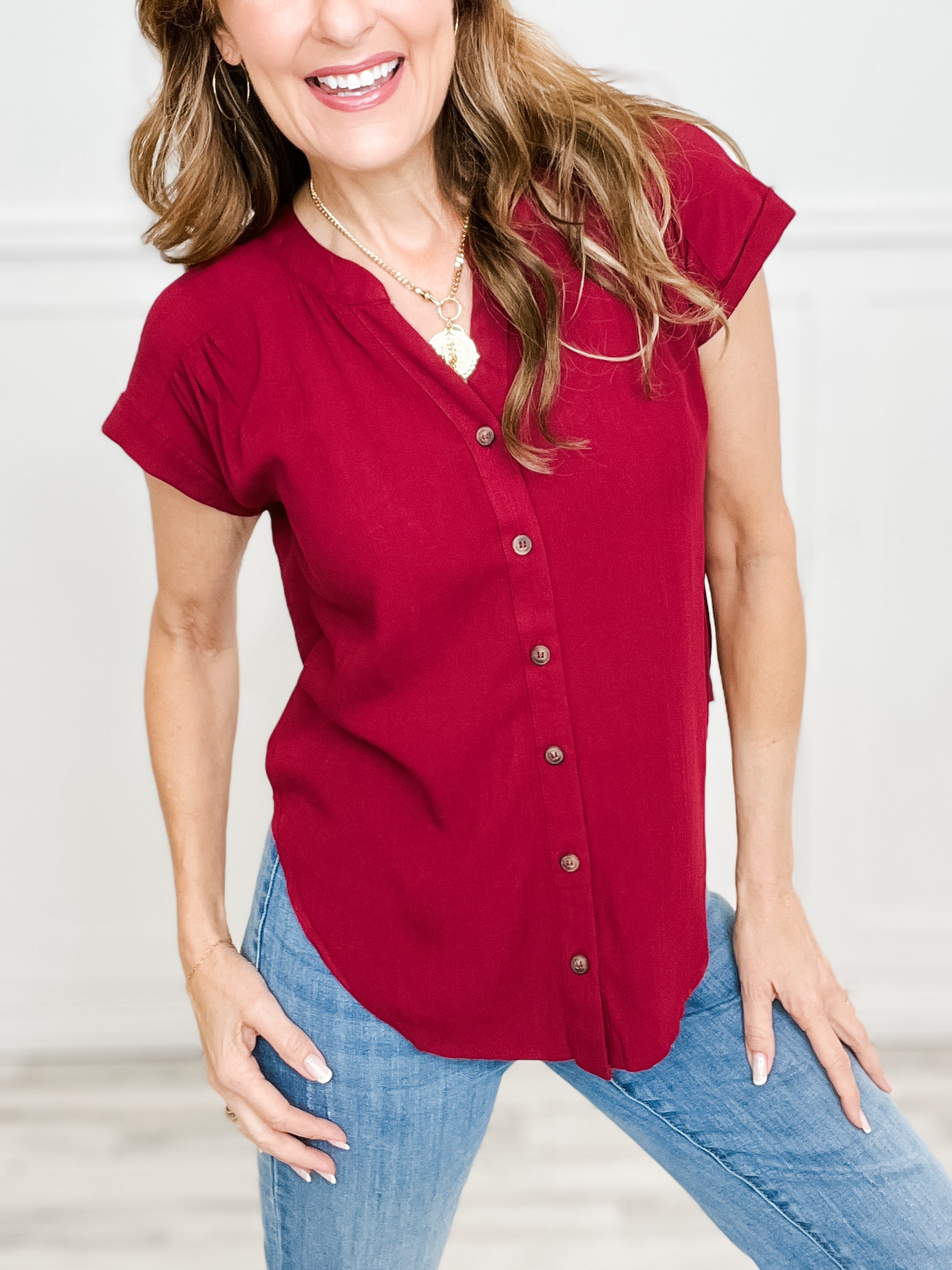 Lose Control Short Roll Sleeve Button Down Top