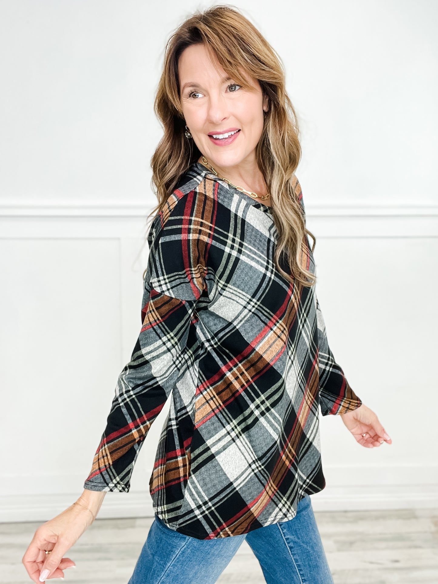 Plaid Long Sleeve Knit Top