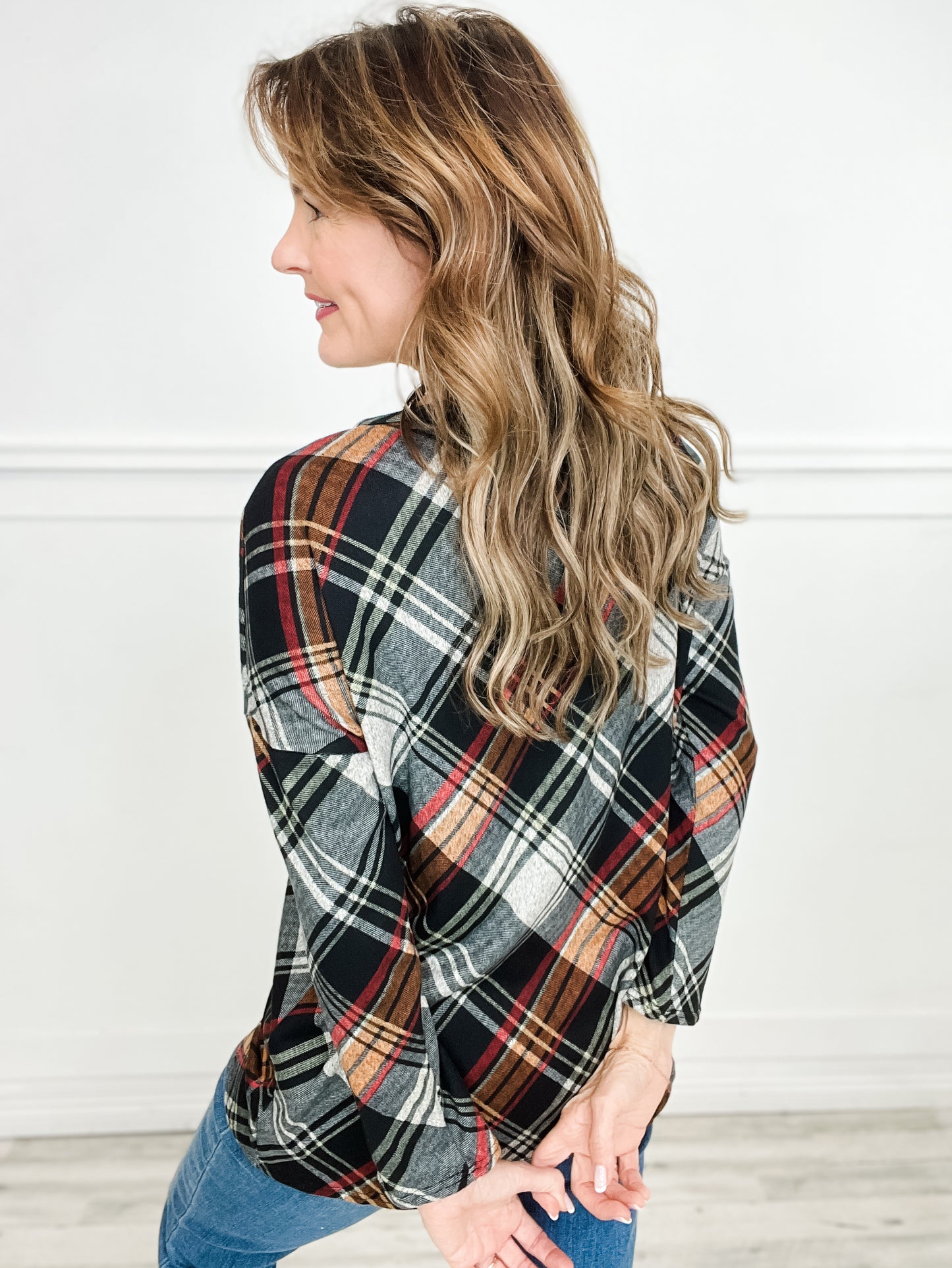 Plaid Long Sleeve Knit Top