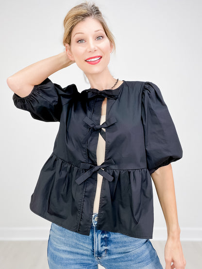 Solid Cotton Poplin Front Tie Ribbon Blouse