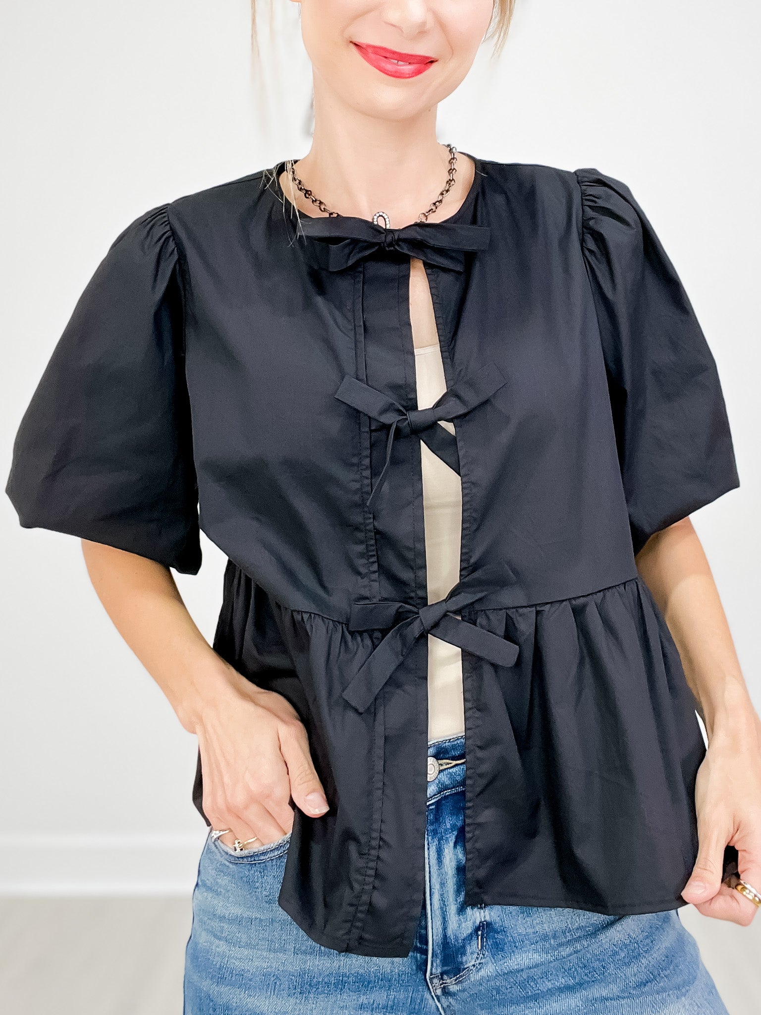 Solid Cotton Poplin Front Tie Ribbon Blouse