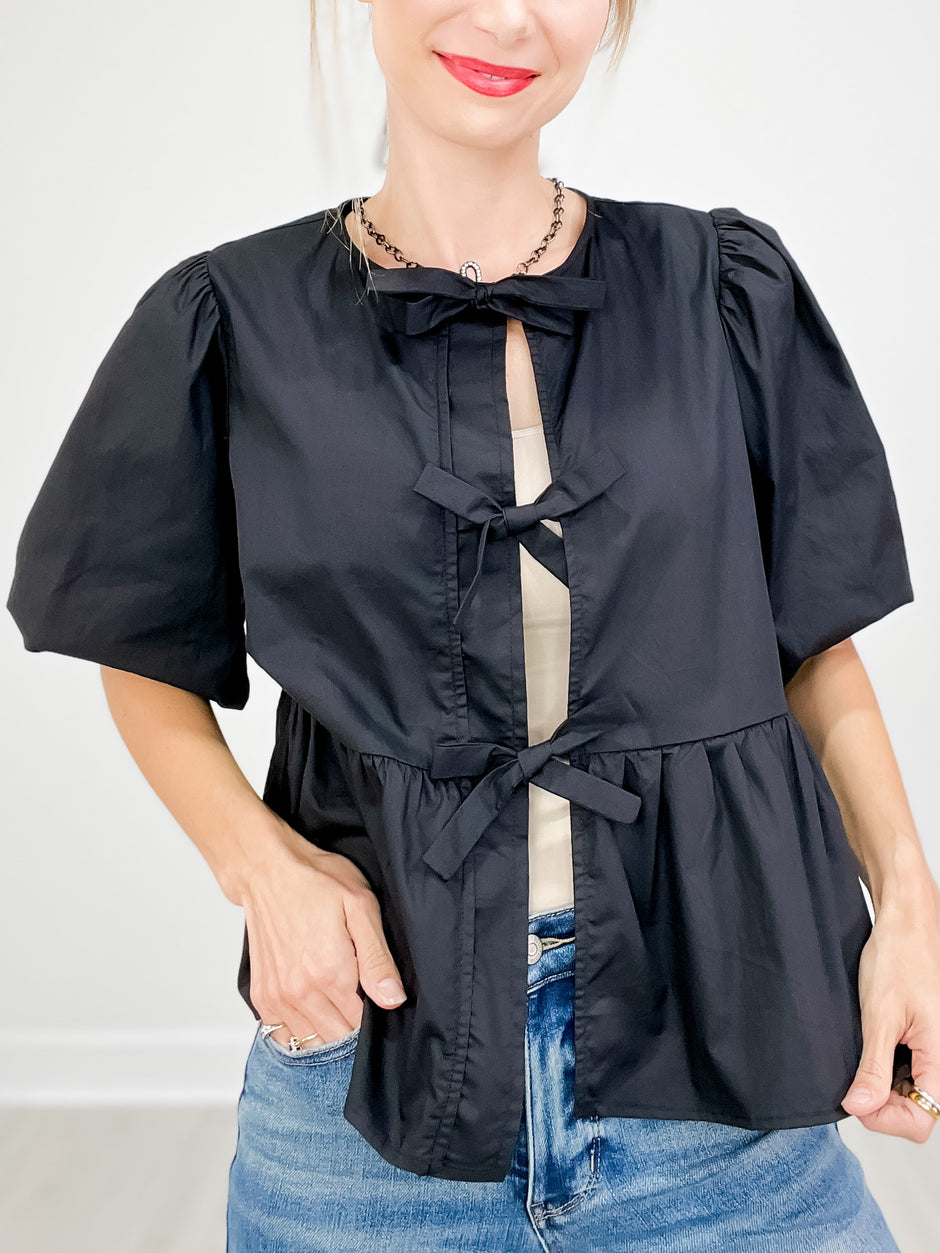 Solid Cotton Poplin Front Tie Ribbon Blouse