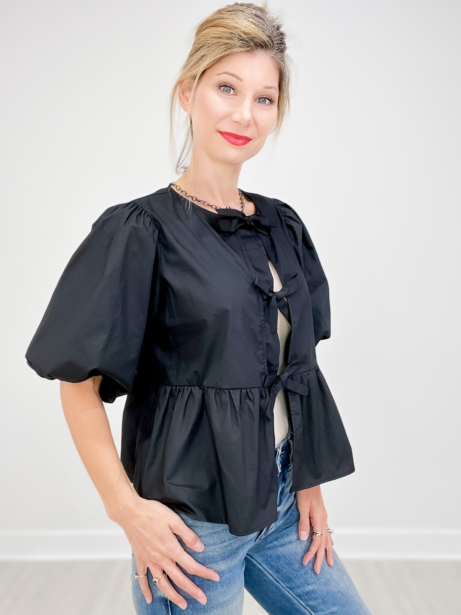 Solid Cotton Poplin Front Tie Ribbon Blouse
