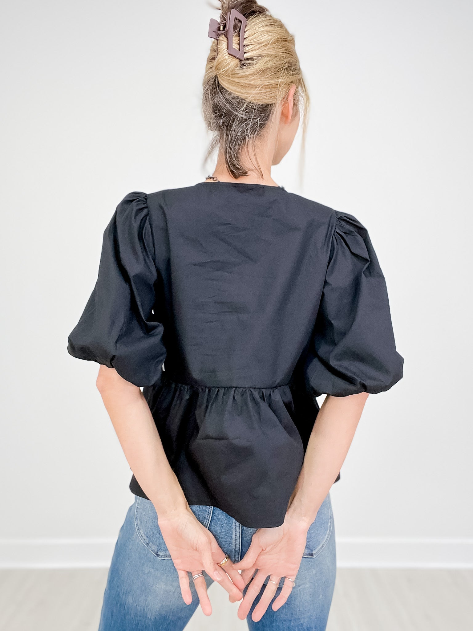 Solid Cotton Poplin Front Tie Ribbon Blouse