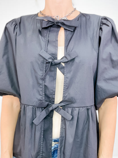 Solid Cotton Poplin Front Tie Ribbon Blouse