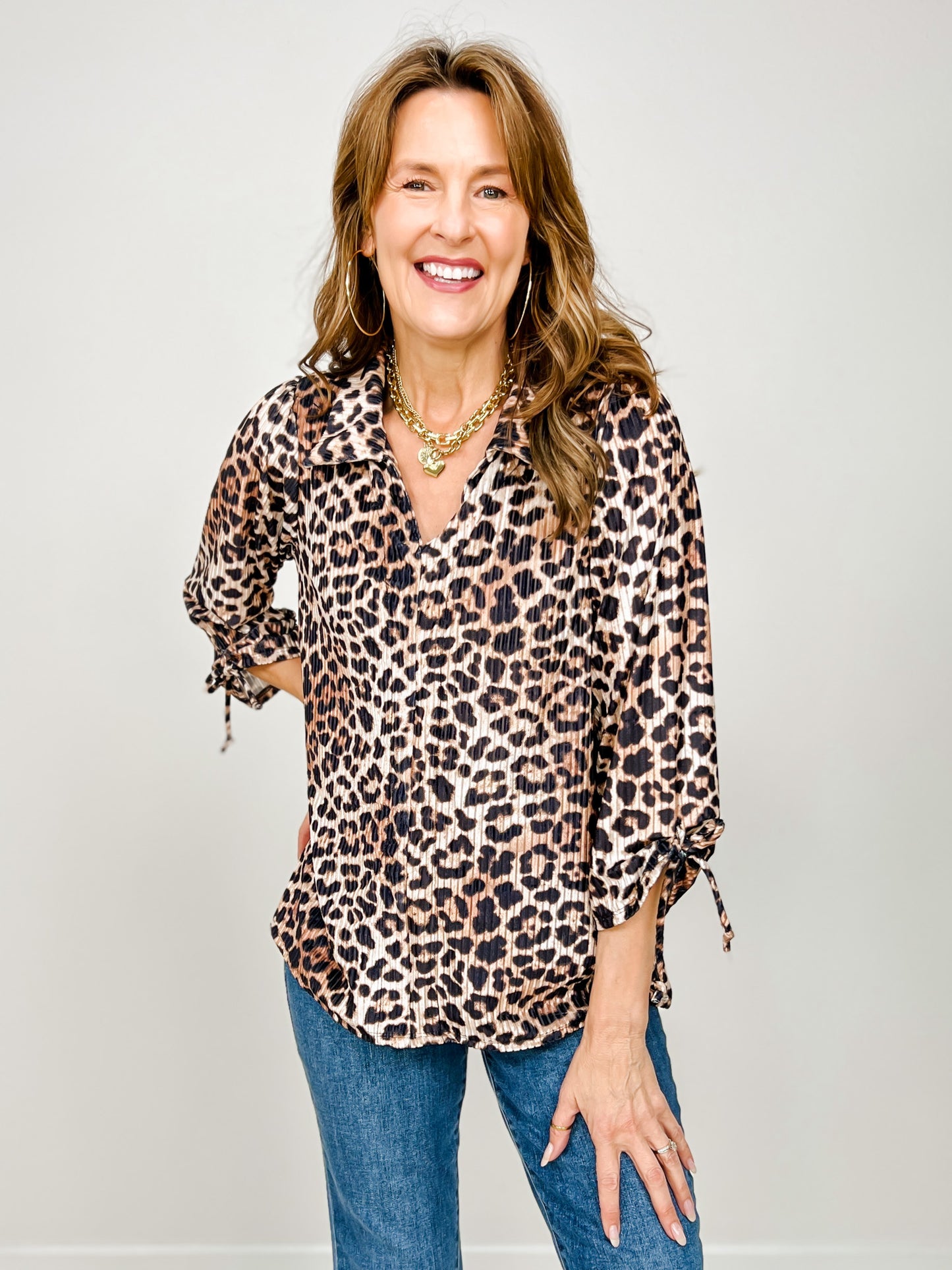 3/4 Tie Sleeves Leopard Print Top with Collar
