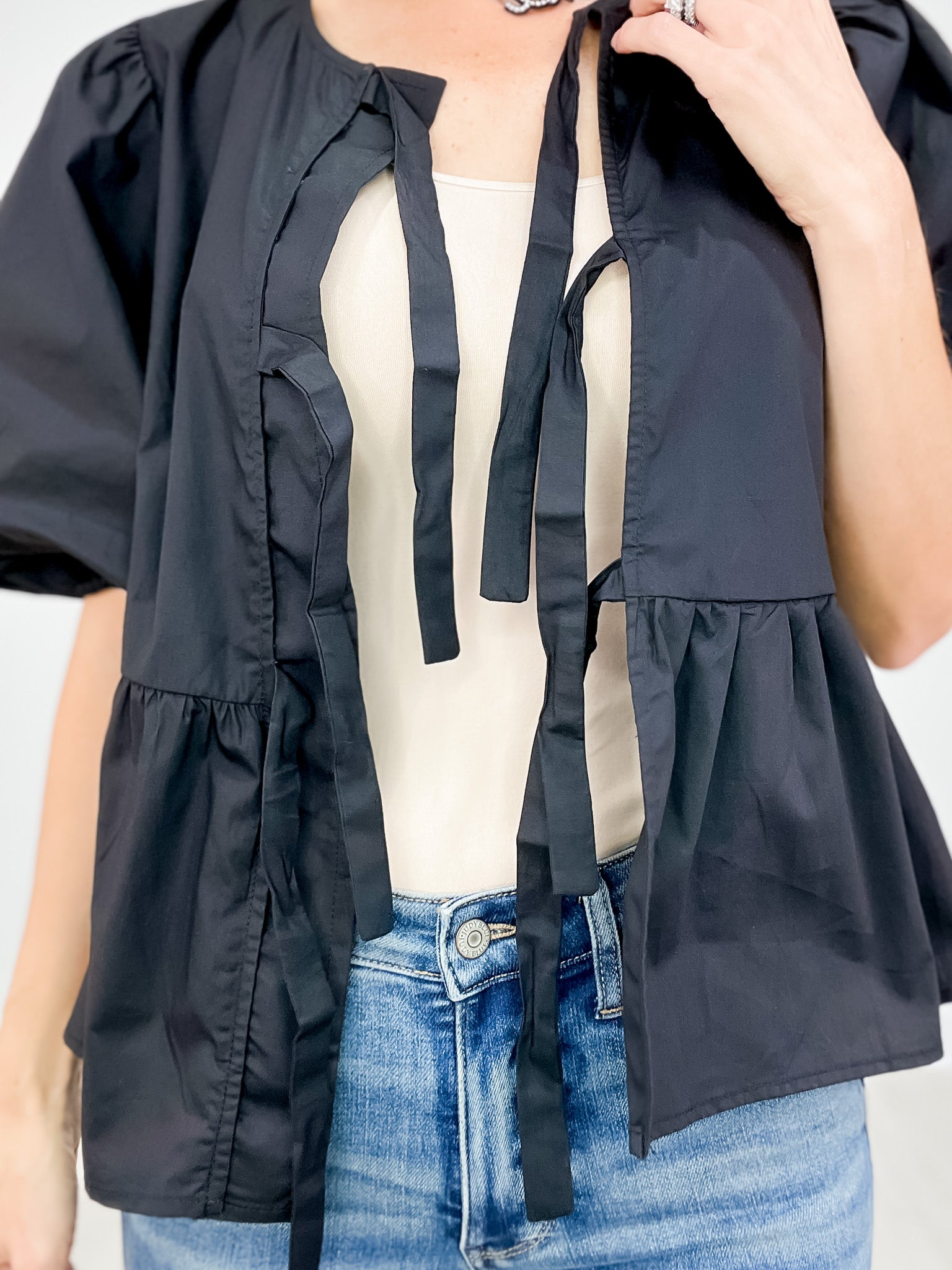 Solid Cotton Poplin Front Tie Ribbon Blouse