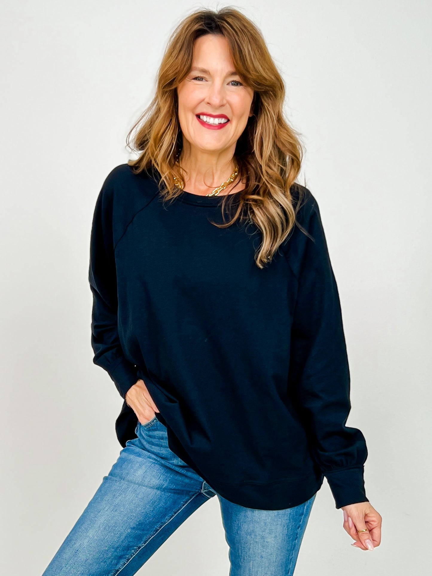 Oversized Cotton Slub Long Sleeve Top in Black