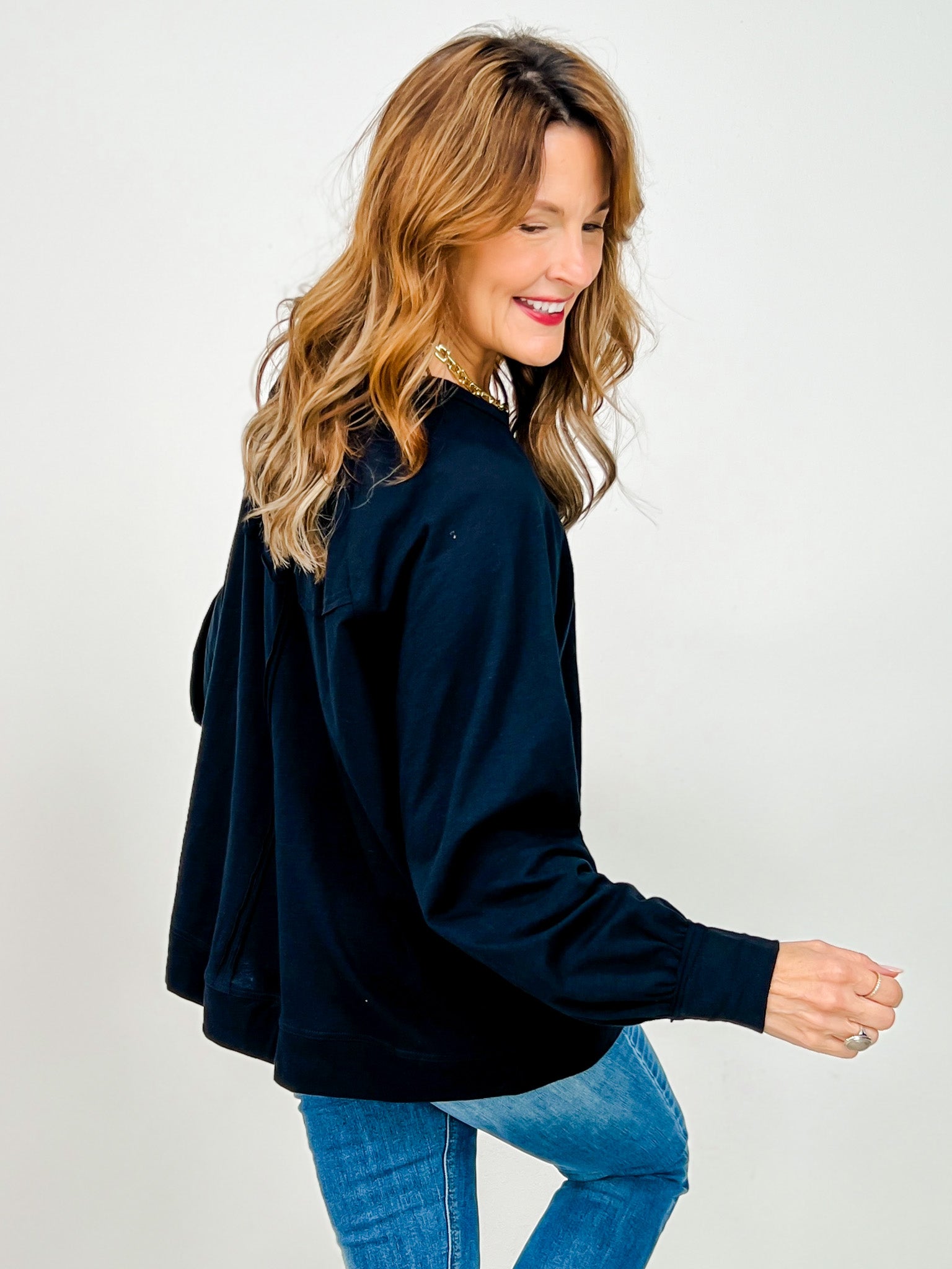 Oversized Cotton Slub Long Sleeve Top in Black