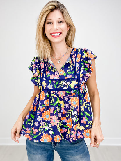 Floral Print Flutter Sleeve Top with Contrast Binding Yoke