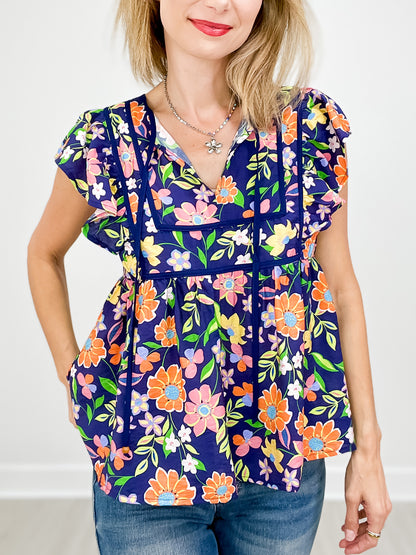 Floral Print Flutter Sleeve Top with Contrast Binding Yoke